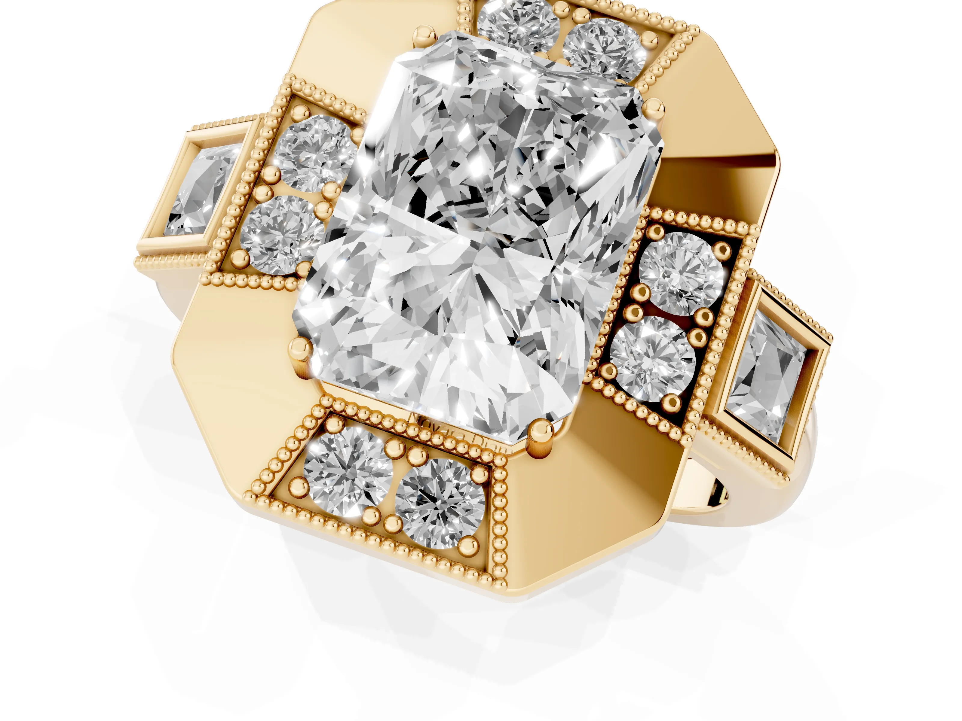 Radiant Cut Diamond Milgrain Halo Ring Set in Yellow gold with Split Shank