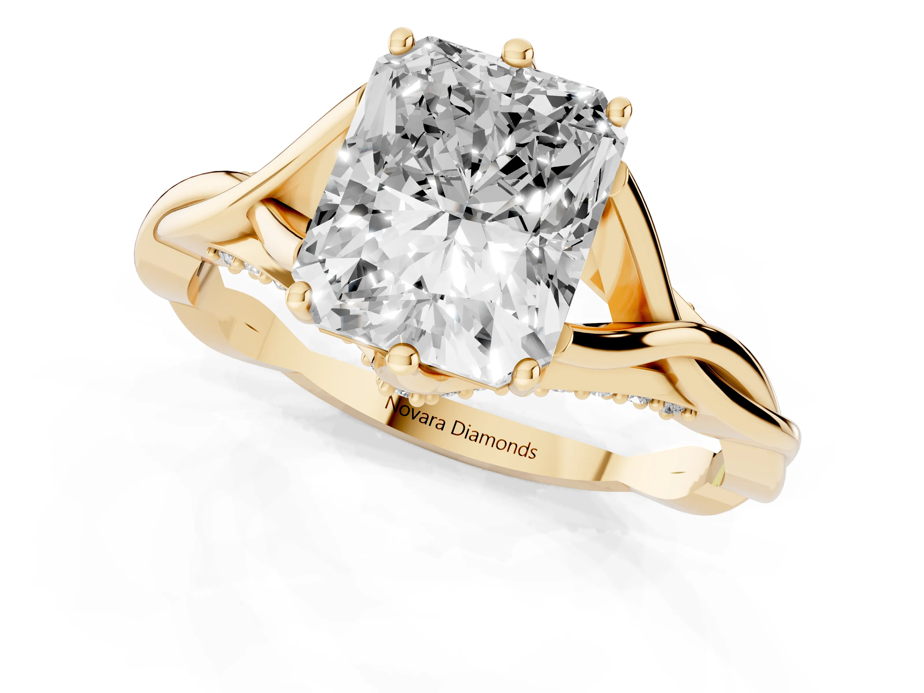 Radiant Cut Diamond Intertwined Twist Band Solitaire Ring Set in Yellow gold with Prong Setting