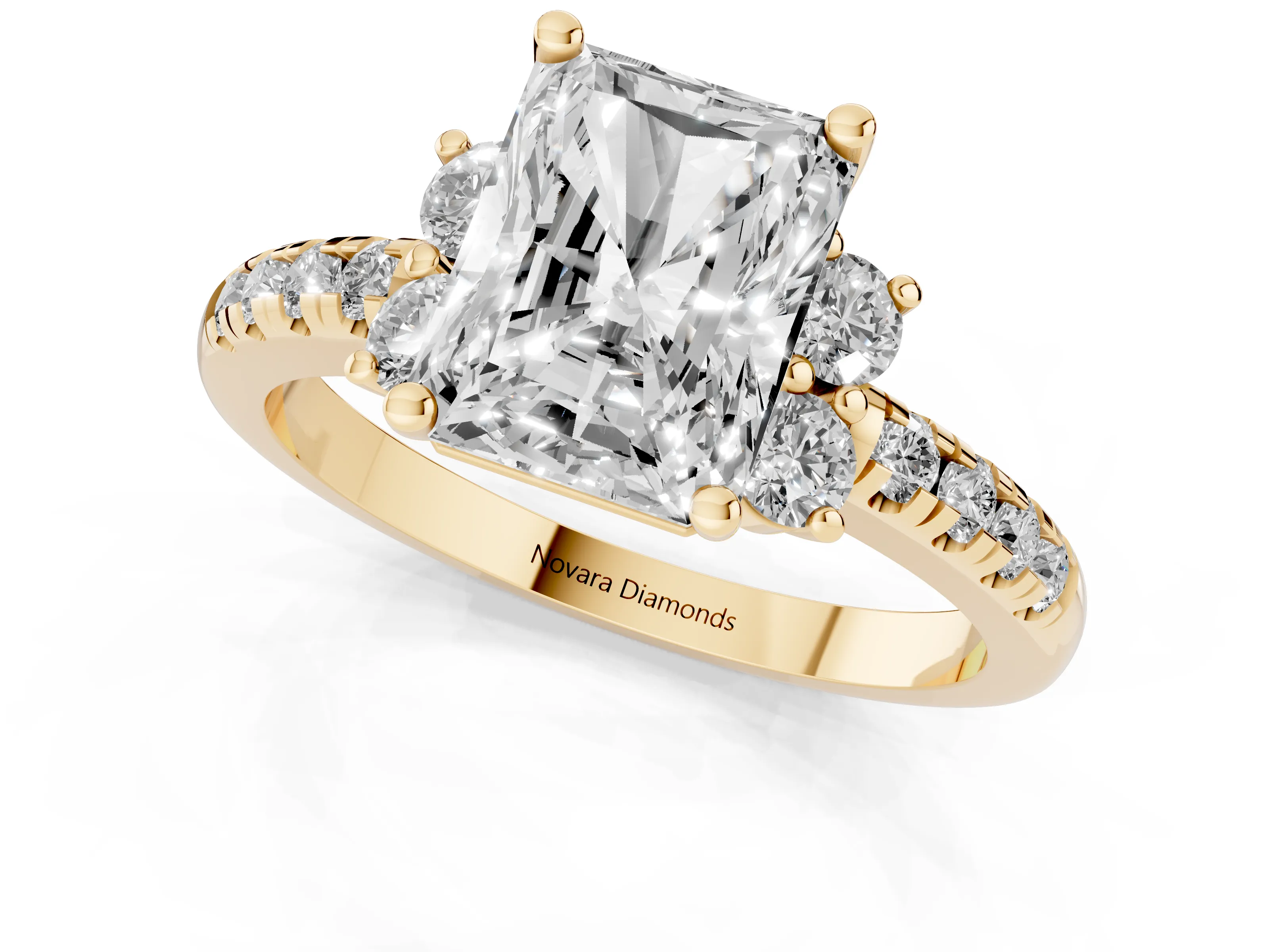 Radiant Cut Diamond Three-Stone Pavé Ring Set in Yellow gold with Prong Setting