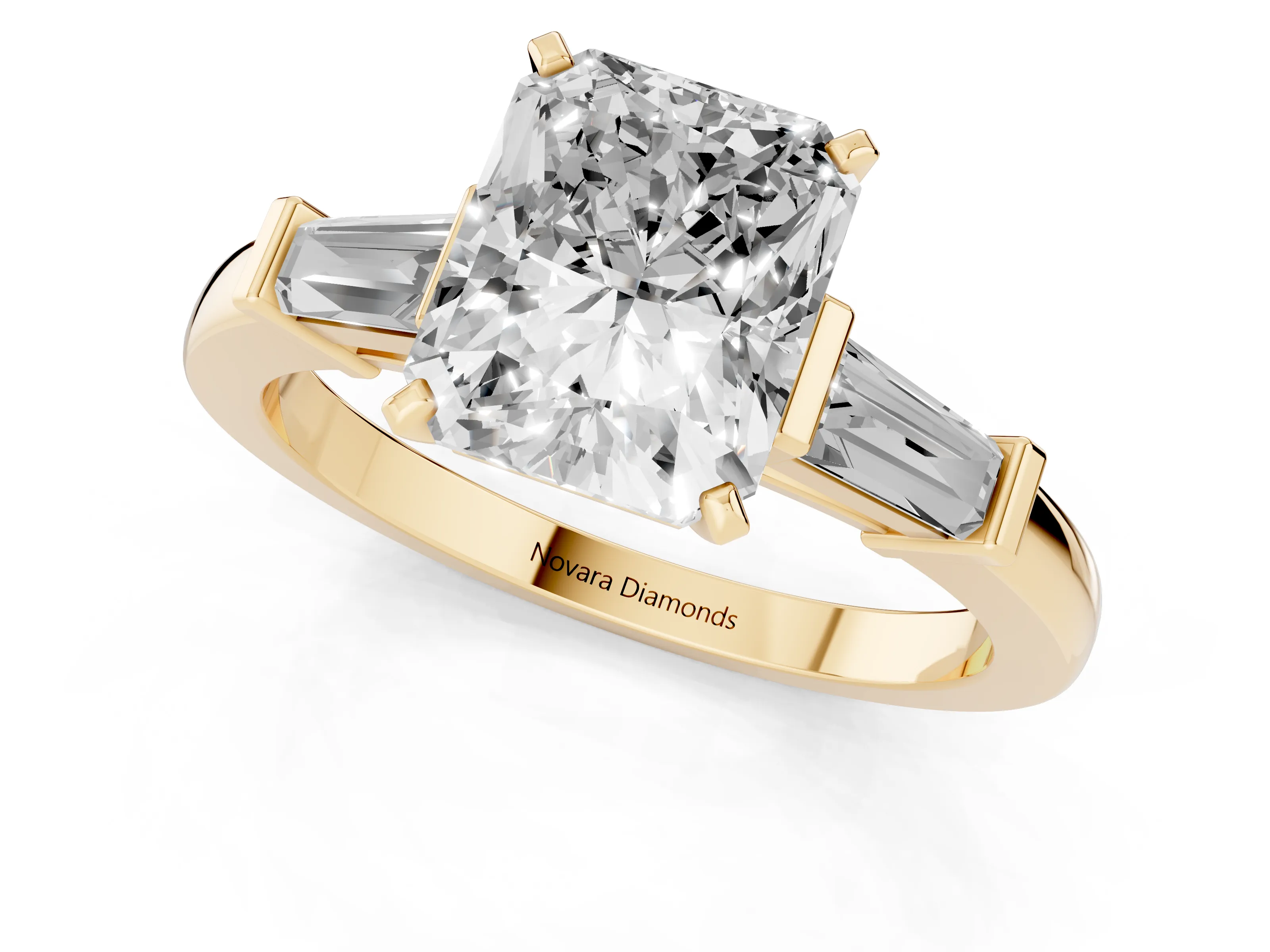 Radiant Cut Diamond Solitaire Ring Set in Yellow gold with Tapered Baguette Accents and Prong Setting