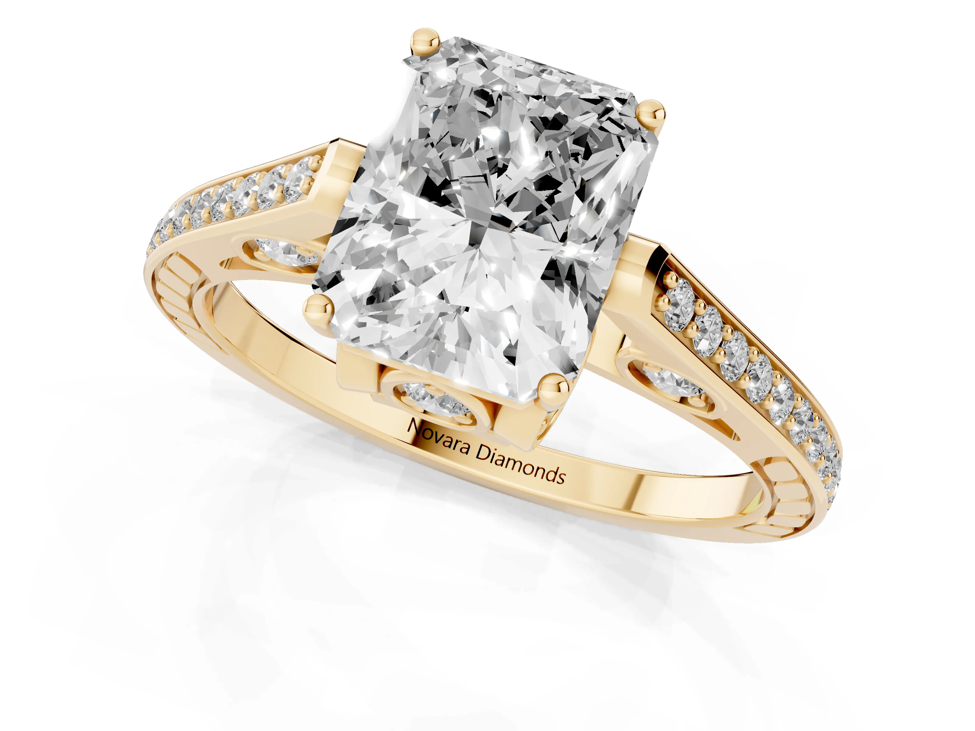 Radiant Cut Diamond Cathedral Pavé Engagement Ring Set in Yellow gold with Prong Setting