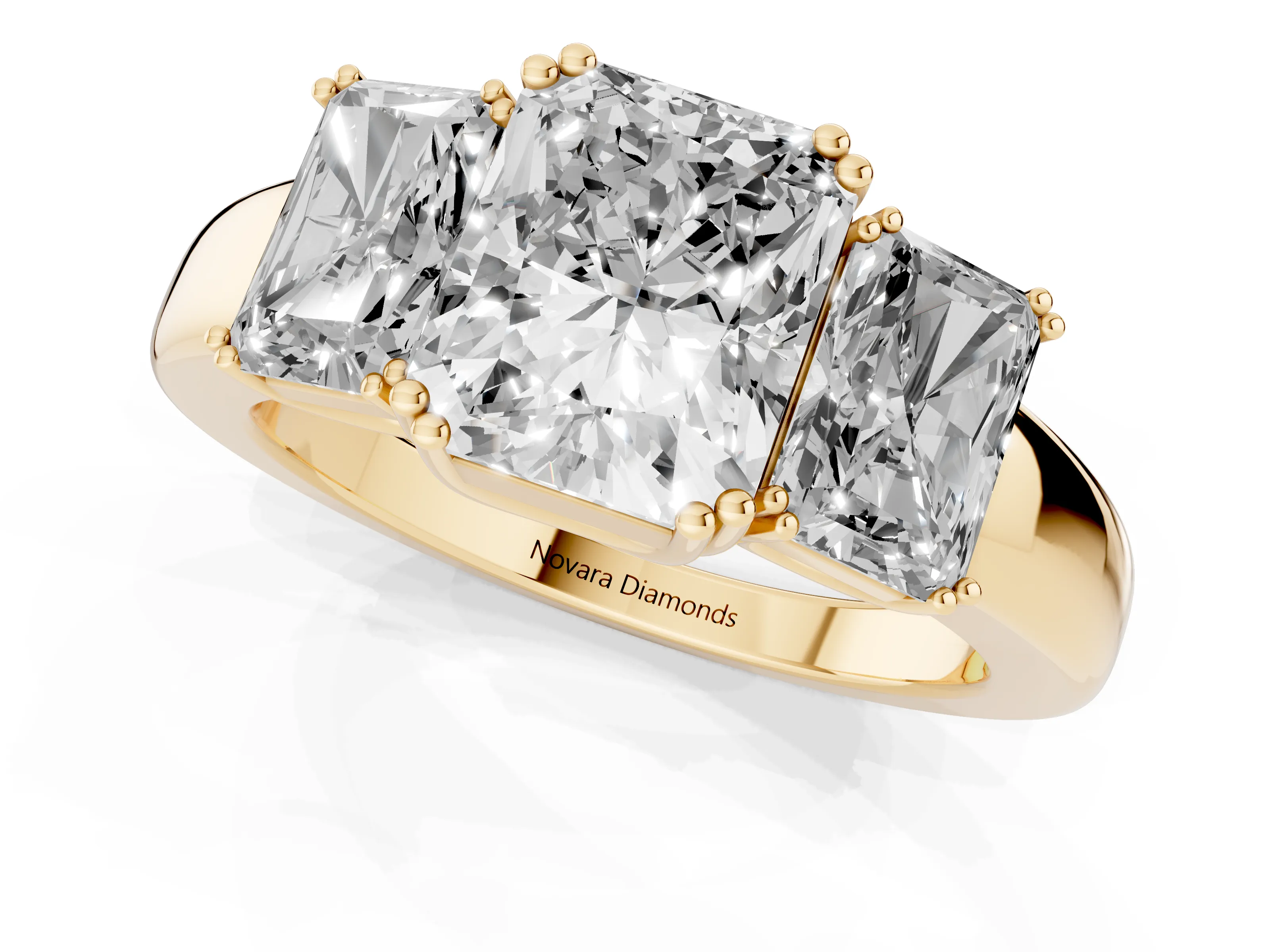Radiant Cut Diamond Three-Stone Ring Set in Yellow gold with Polished Channel-Set Band