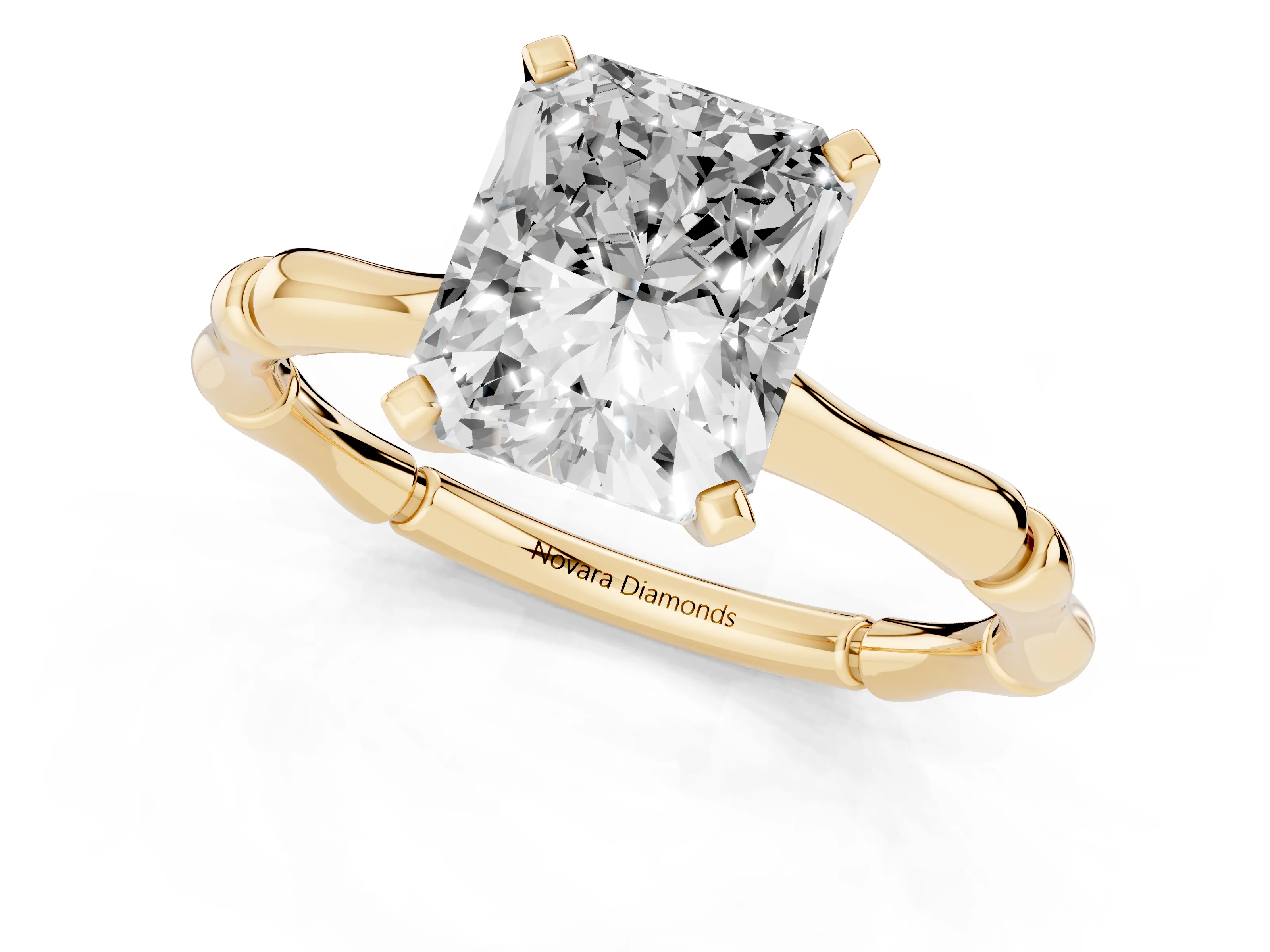 Radiant Cut Diamond Solitaire Ring Set in Yellow gold with Bamboo Band and Prong Setting