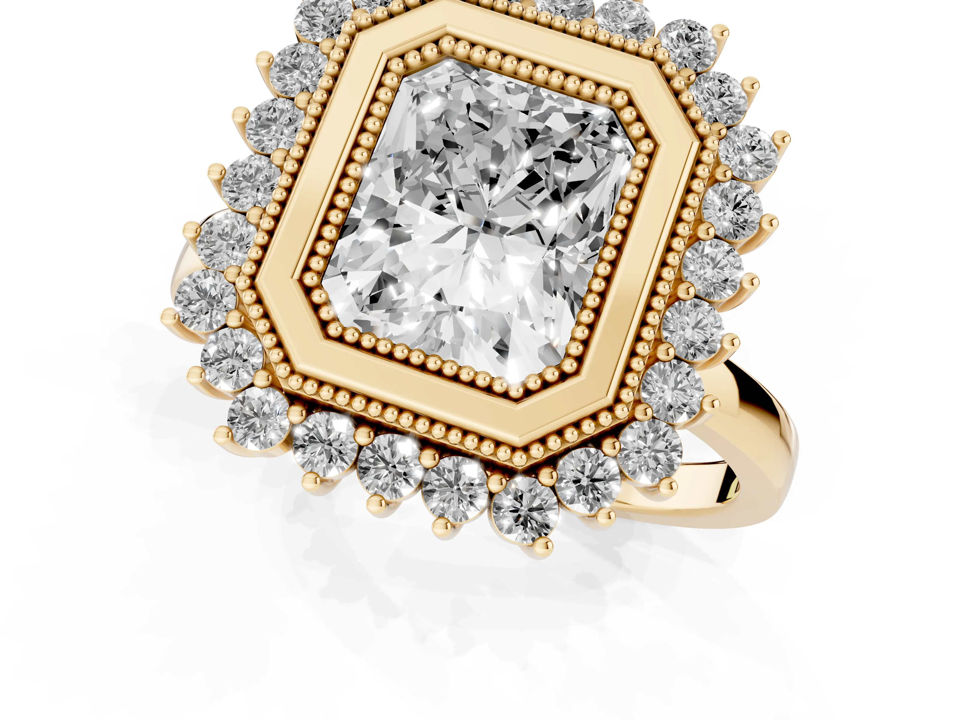 Radiant Cut Diamond Halo Ring Set in Yellow gold with Milgrain Edge and Round Prong Setting