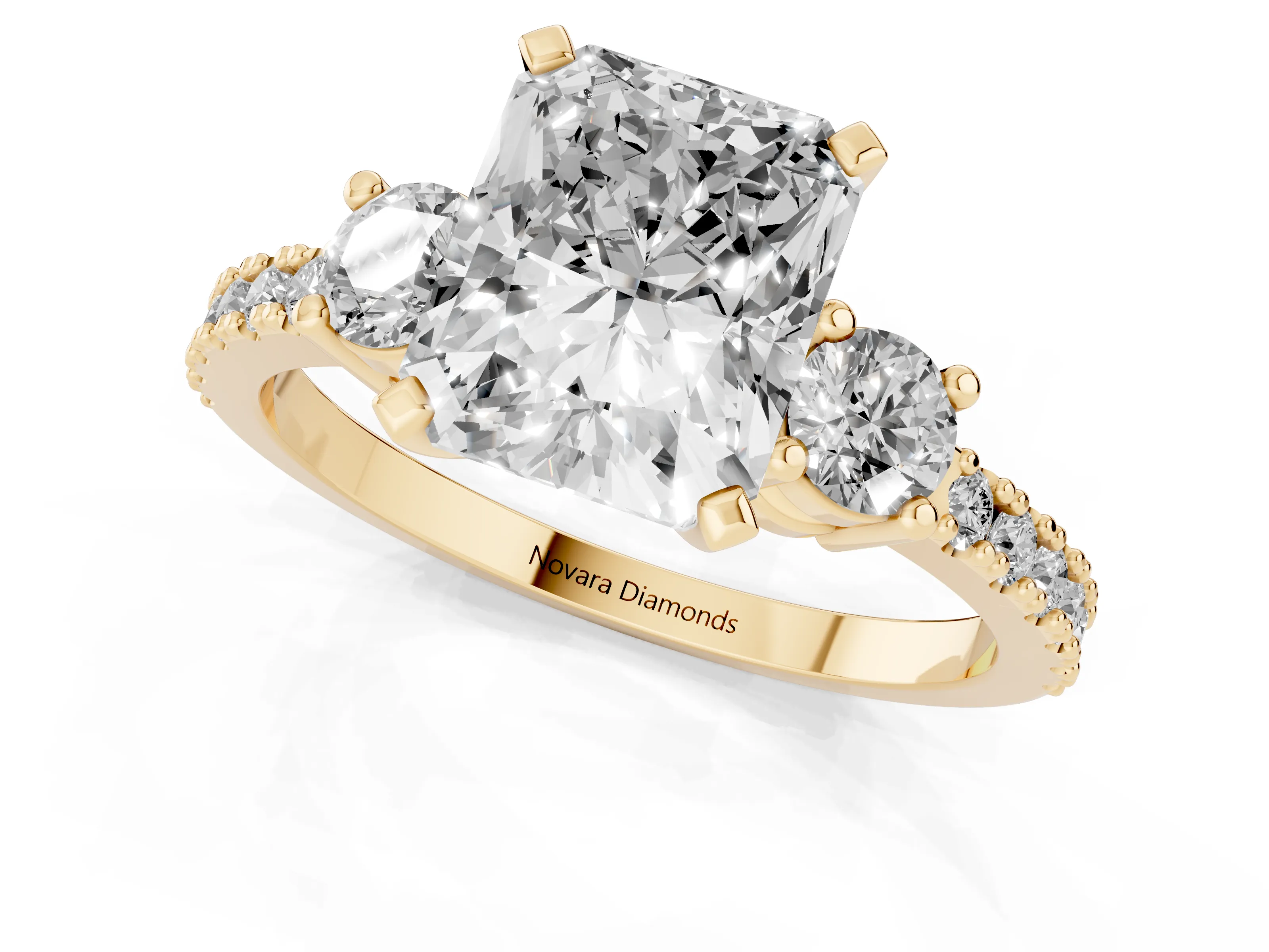 Three-Stone Radiant Cut Diamond Pavé Band Ring Set in Yellow gold with Prong Setting