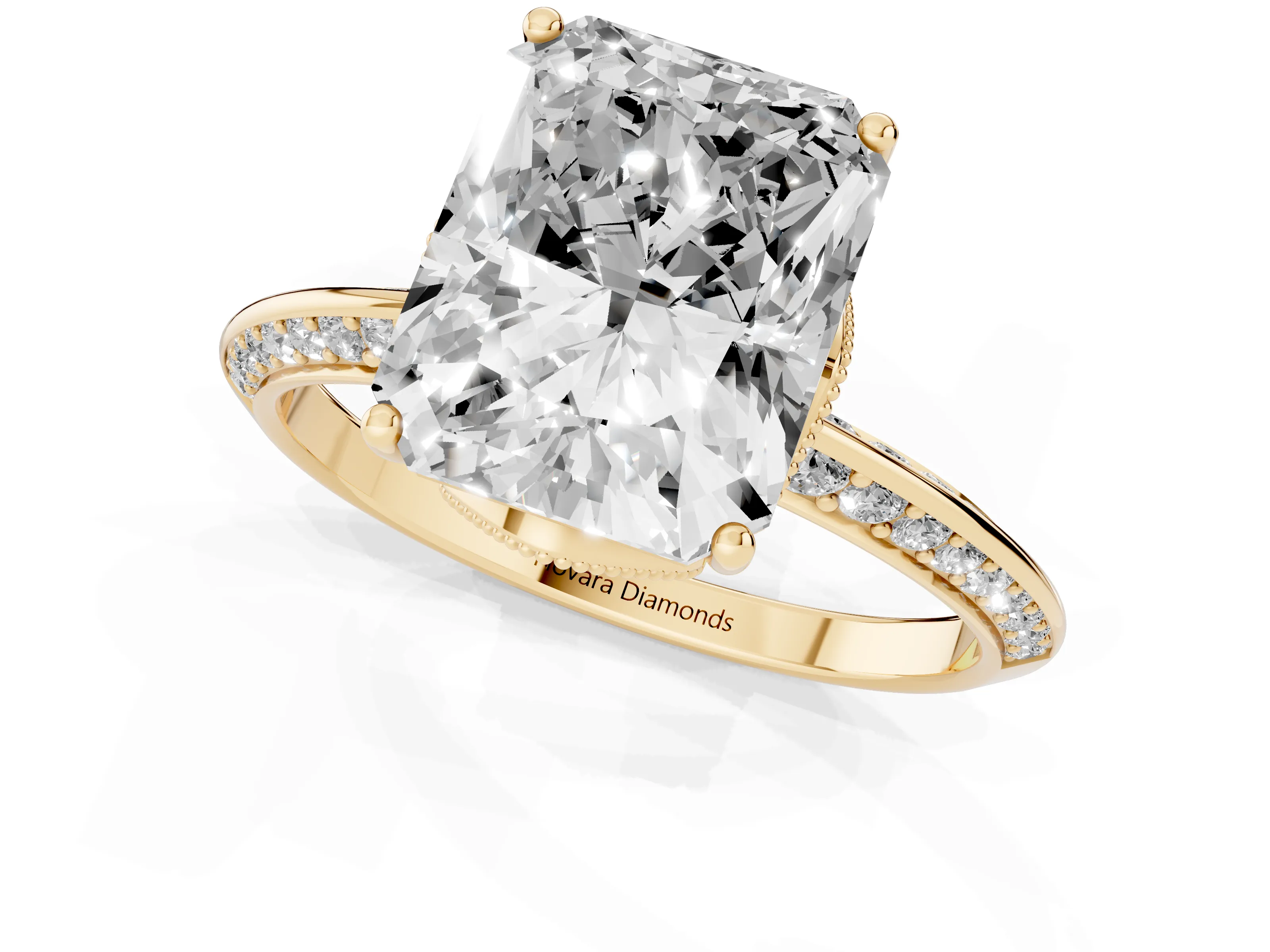 Radiant Cut Diamond Solitaire Engagement Ring Set in Yellow gold with Pavé Split Shank and Prong Setting