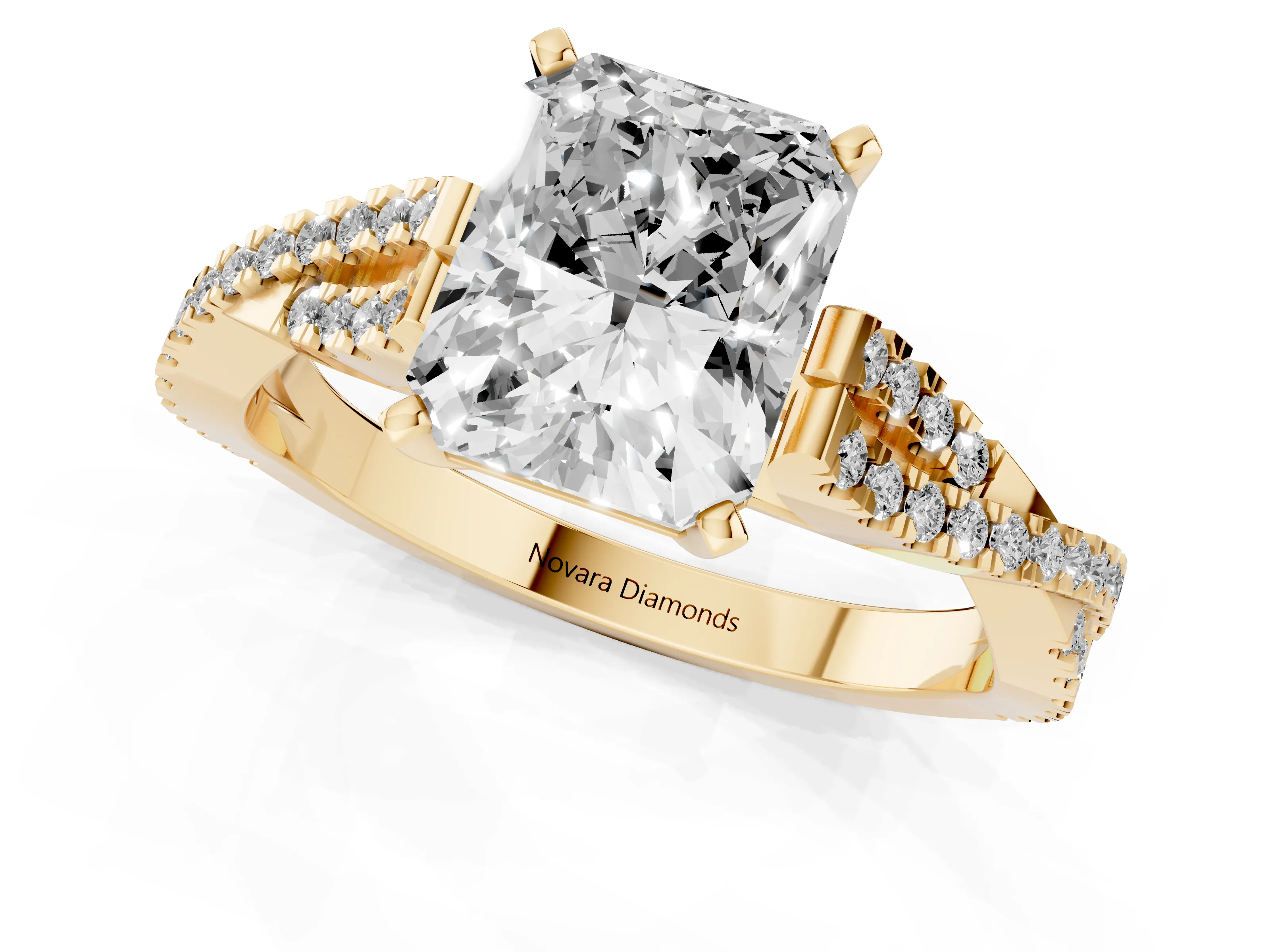 Radiant Cut Diamond Solitaire Engagement Ring Set in Yellow gold with Twisted Pavé Band and Prong Setting