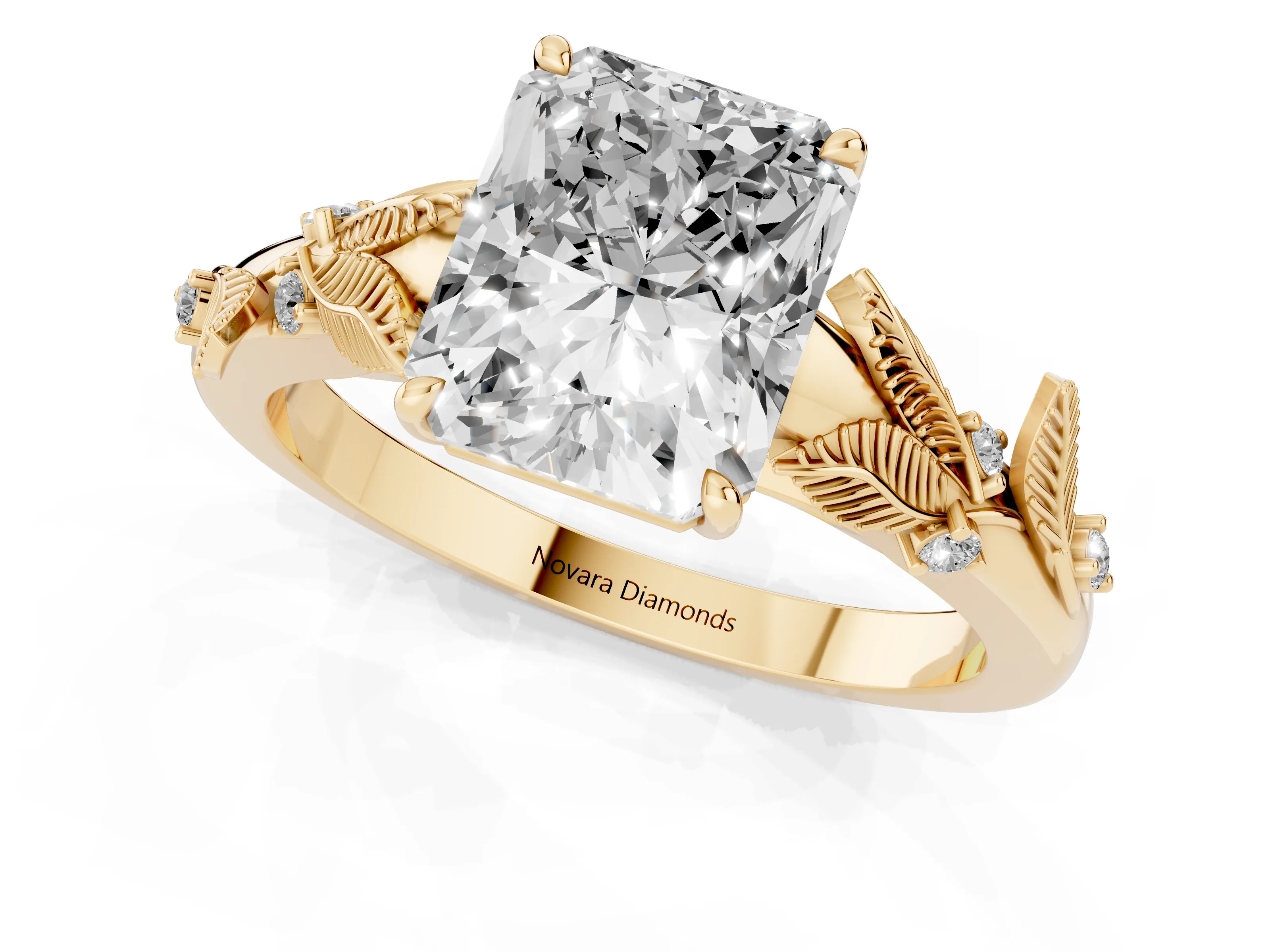 Radiant Cut Diamond Solitaire Ring Set in Yellow gold with Leaf Motif Band – second view