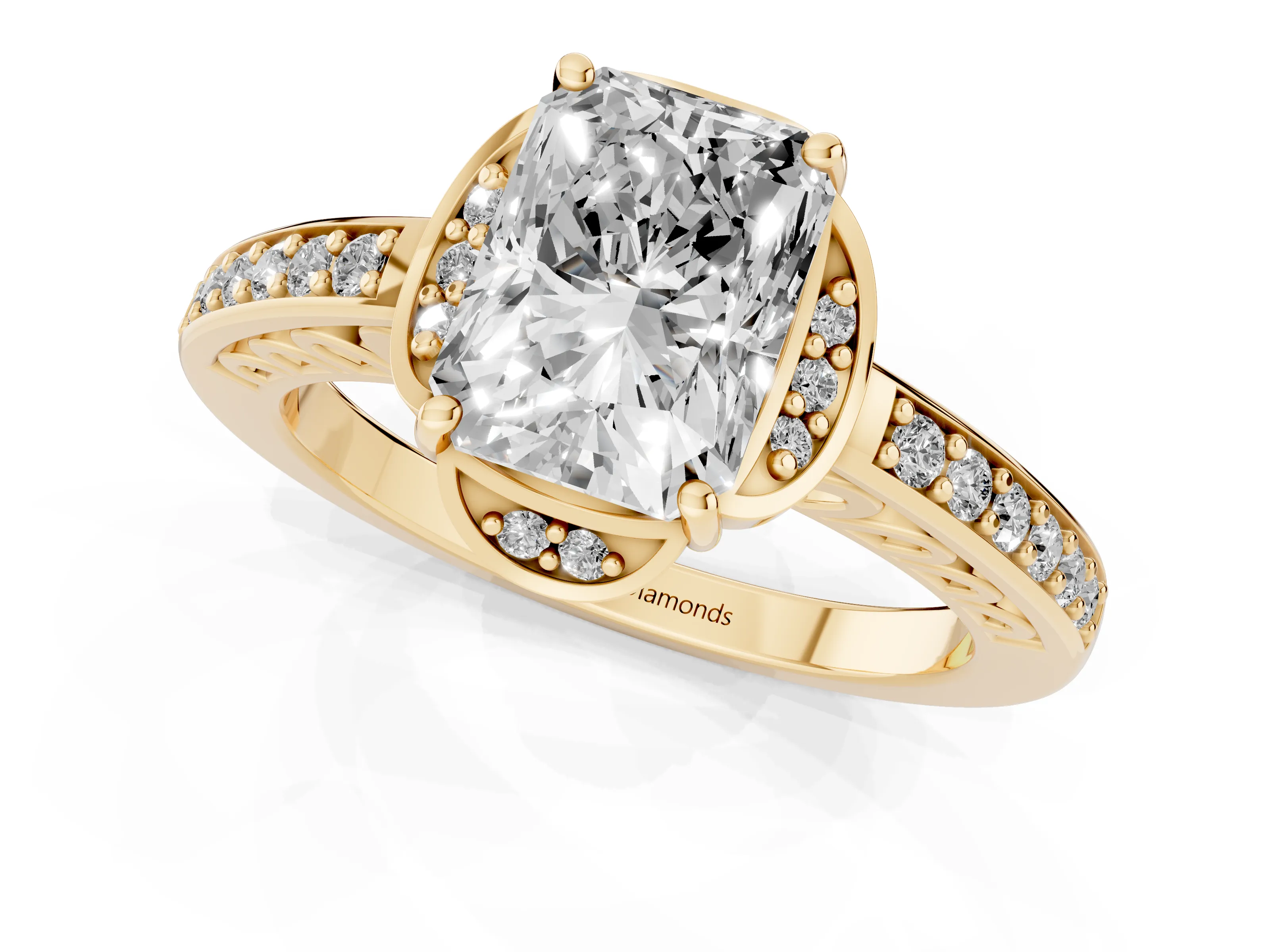 Radiant Cut Diamond Halo Ring Set in Yellow gold with Channel Set Band and Prong Setting