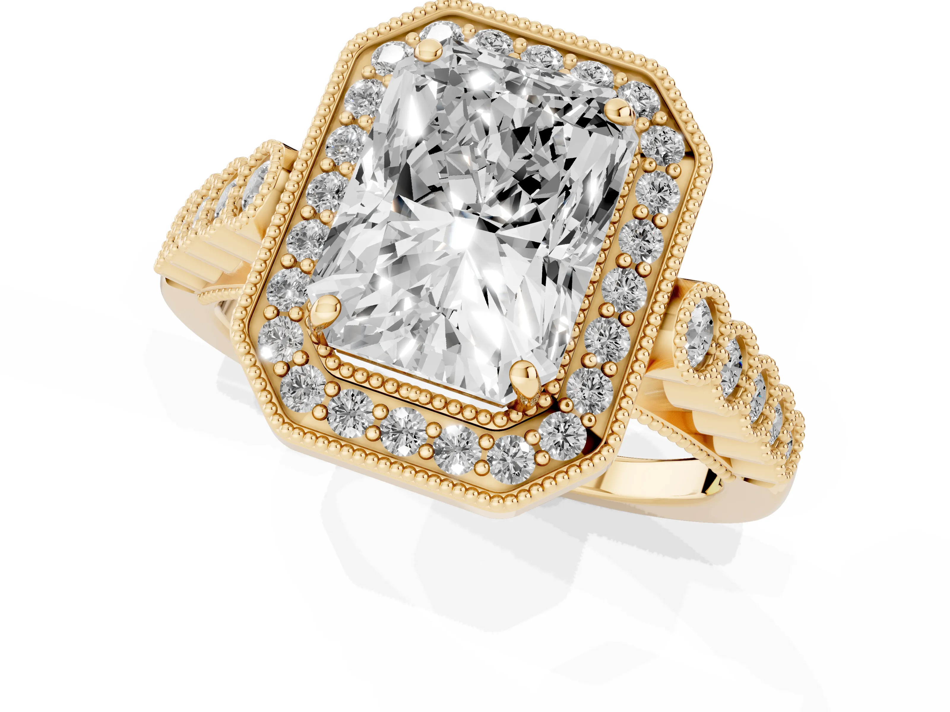 Radiant Cut Diamond Milgrain Halo Solitaire Ring Set in Yellow gold with Bezel Set Side Stones and Pavé Band