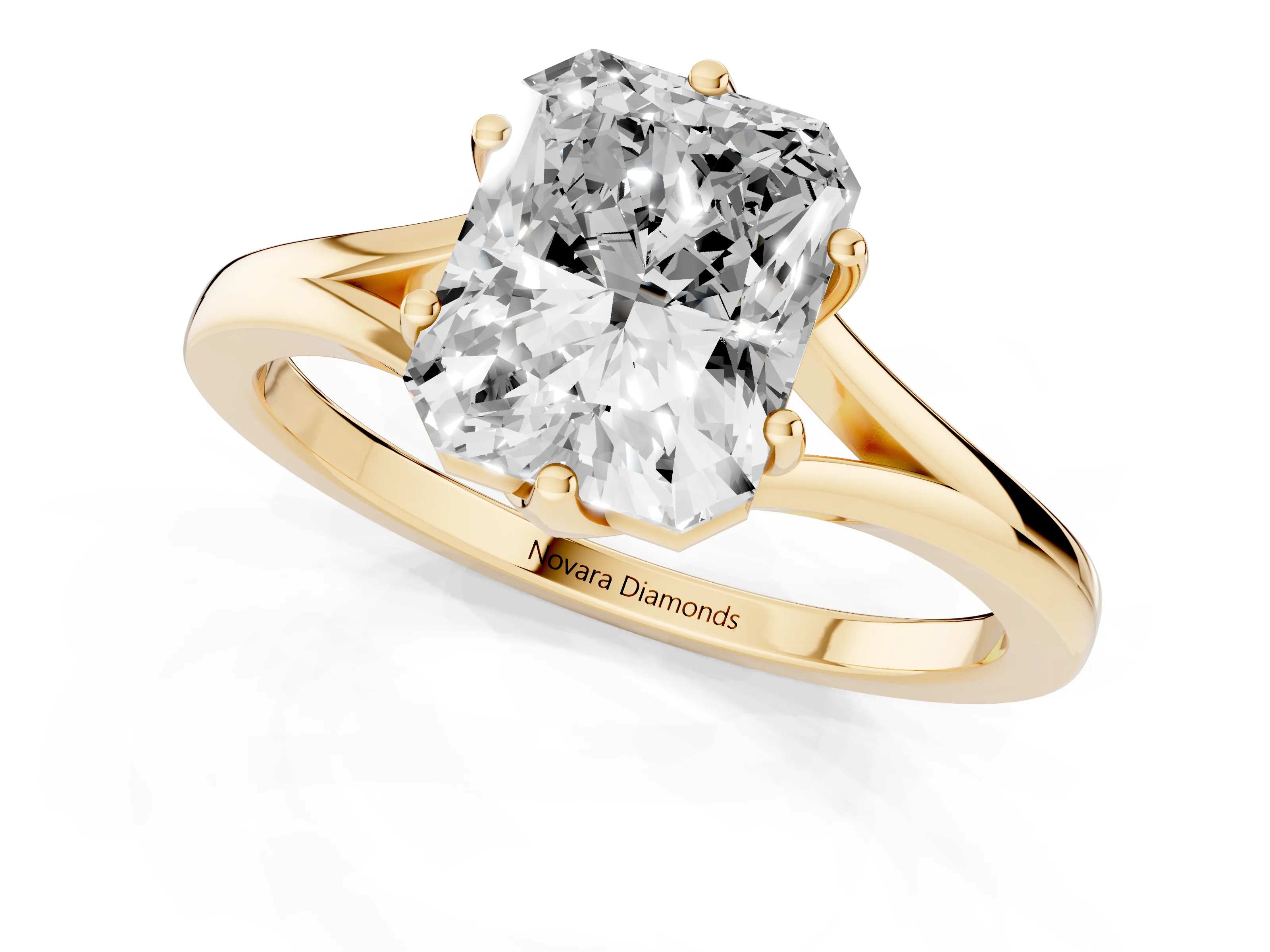 Radiant Cut Diamond Solitaire Ring Set in Yellow gold with Polished Tapered Band and Prong Setting