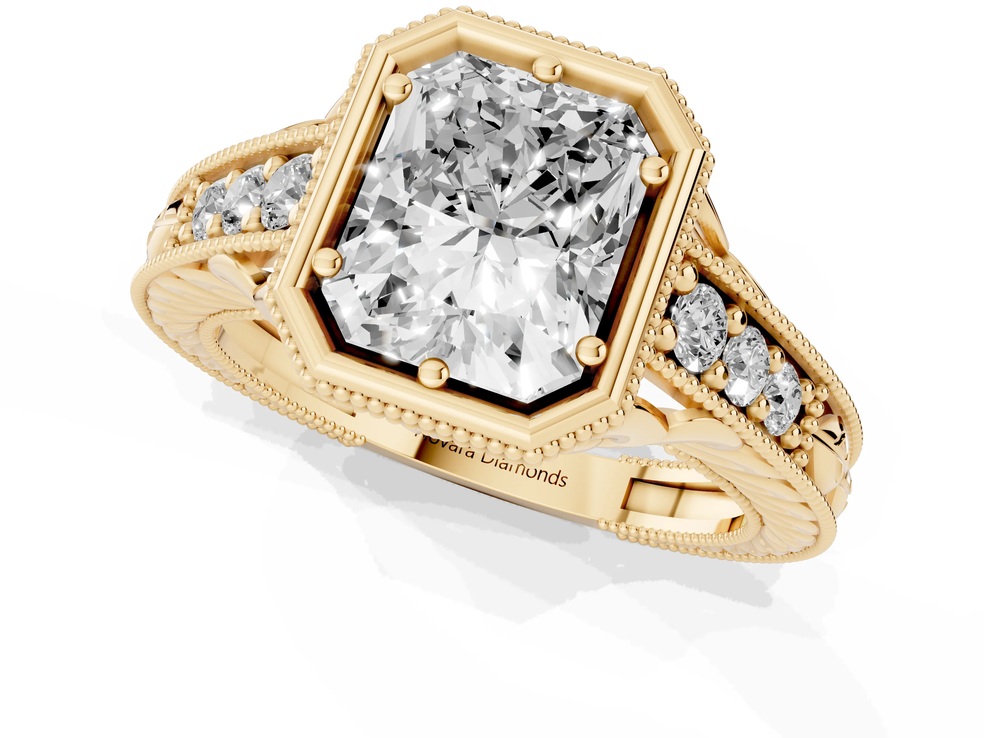 Bezel Set Radiant Cut Diamond Milgrain Pavé Engagement Ring Set in Yellow gold