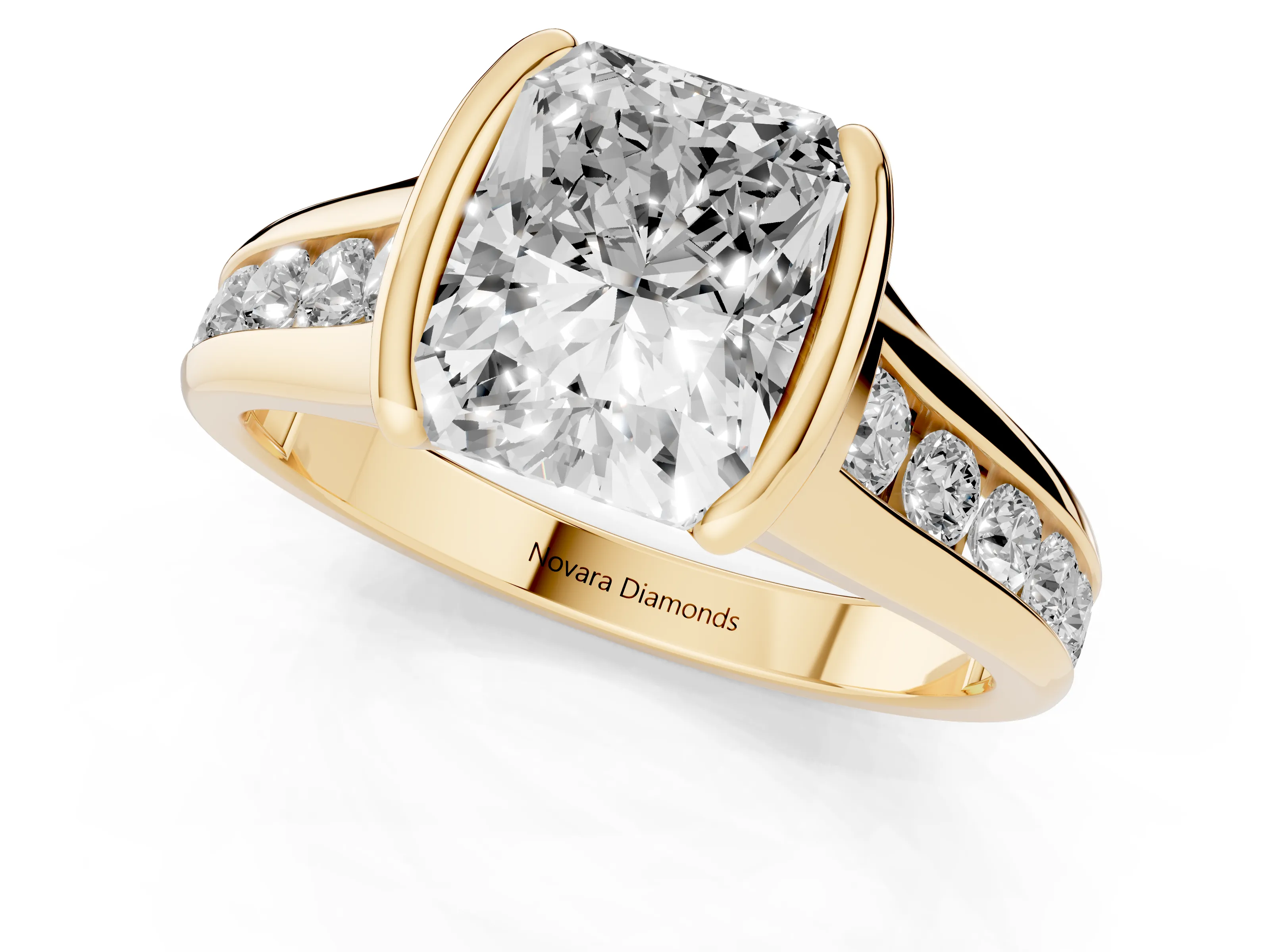 Radiant Cut Diamond Bezel-Set Solitaire Ring Set in Yellow gold with Channel-Set Band