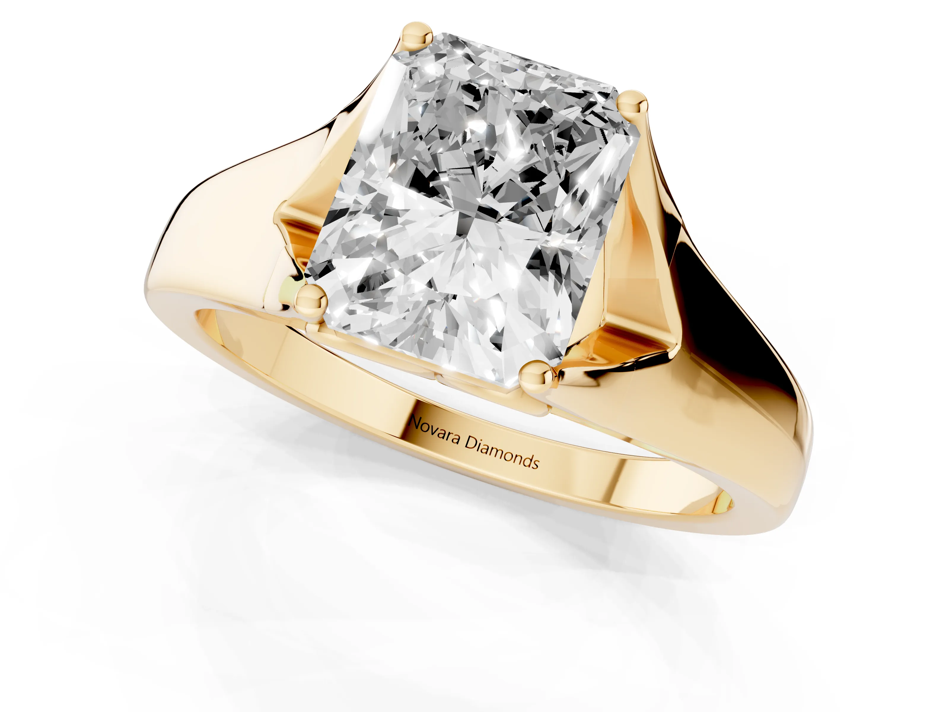 Radiant Cut Diamond Solitaire Ring Set in Yellow gold with Arched Cathedral Band and Prong Setting