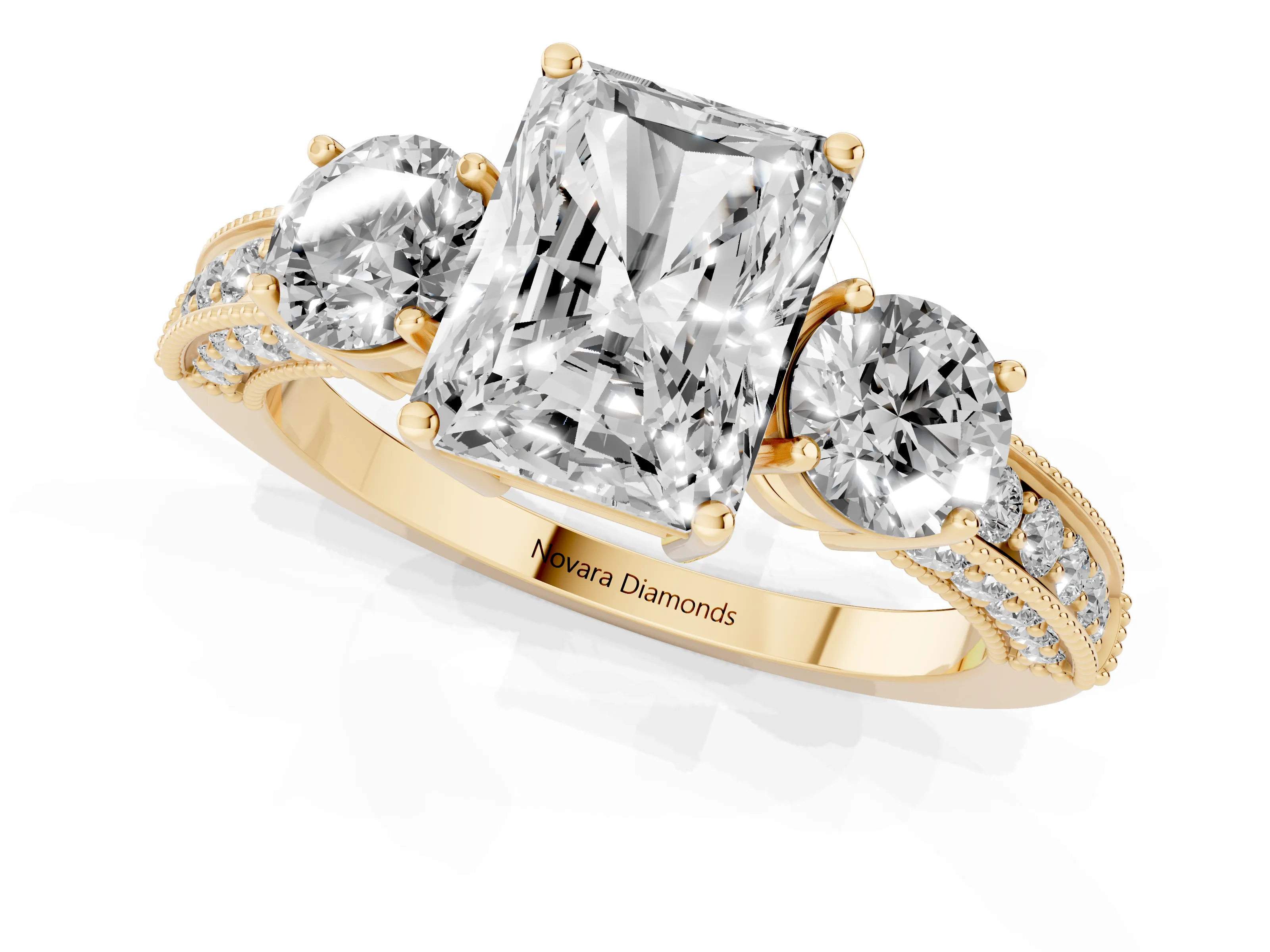 Radiant Cut Diamond Three-Stone Ring Set in Yellow gold with Round Side Stones and Pavé Band