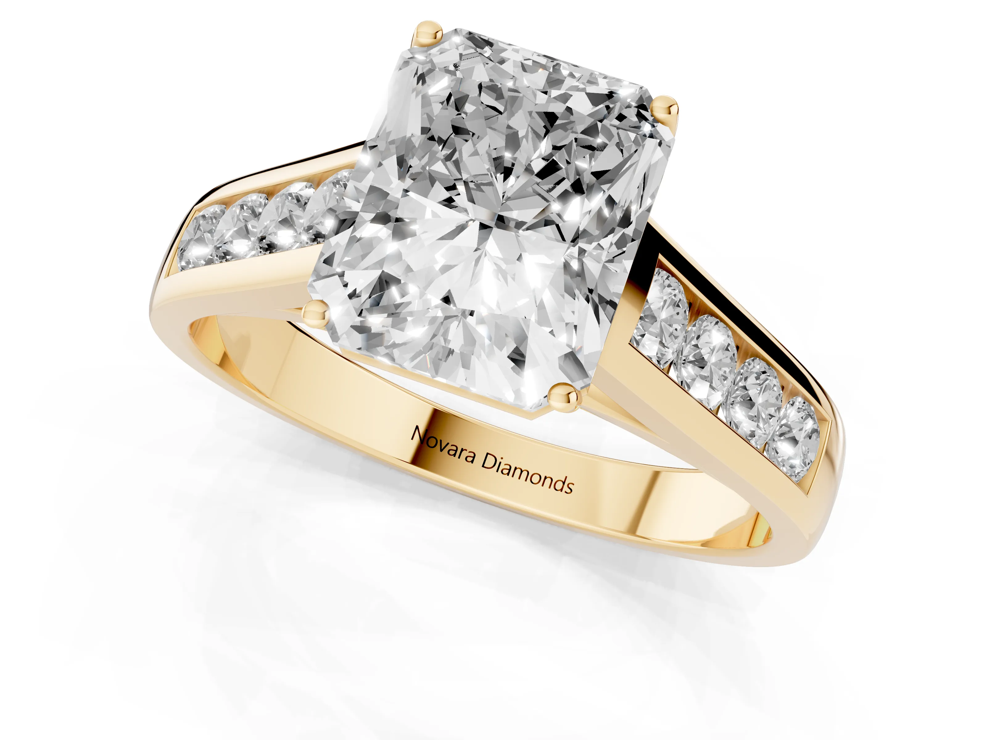 Radiant Cut Diamond Brilliant Channel-Set Solitaire Ring Set in Yellow gold with Prong Setting