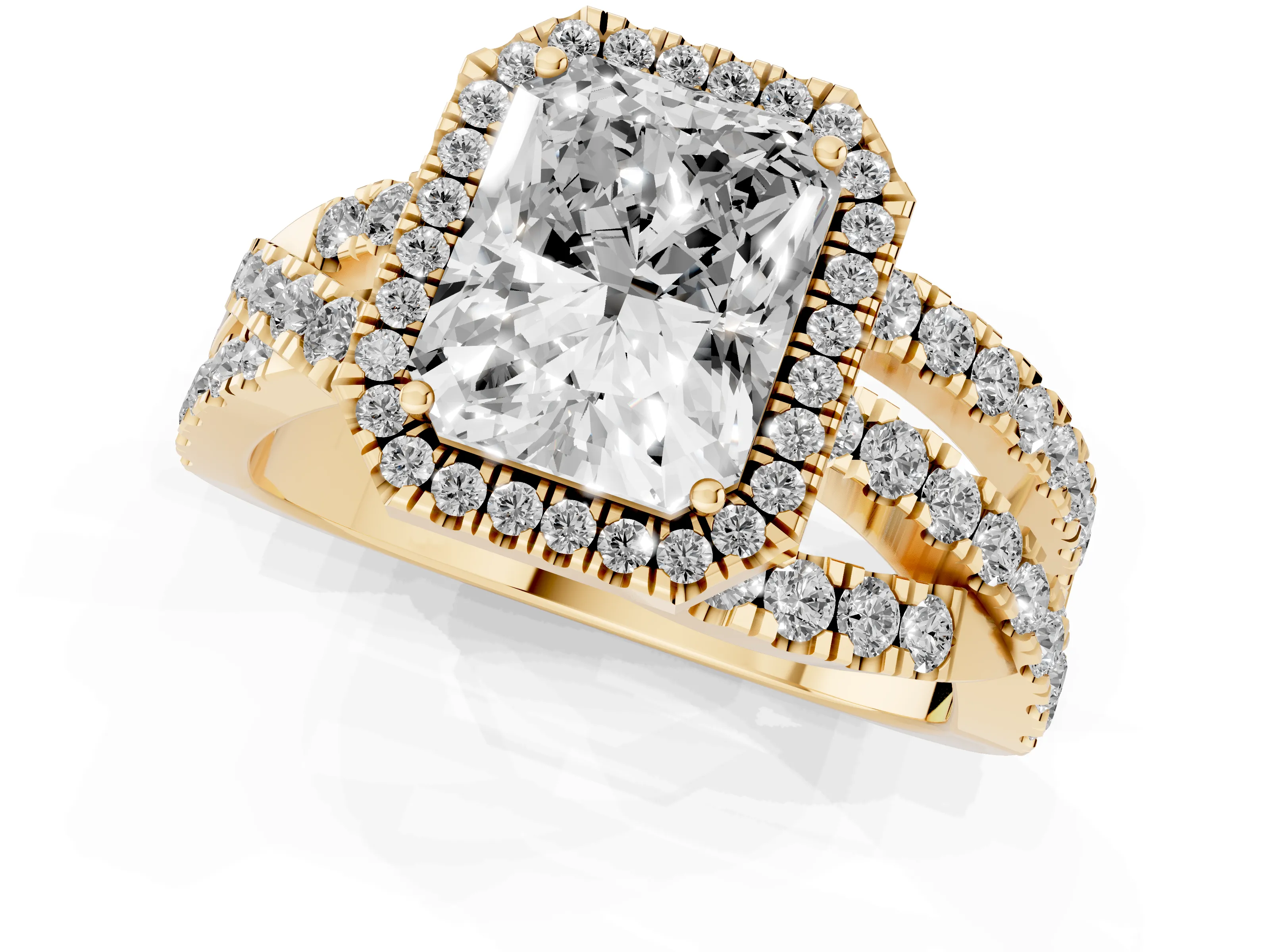 Radiant Cut Diamond Halo Ring Set in Yellow gold with Round Crossover Split Shank and Prong Setting