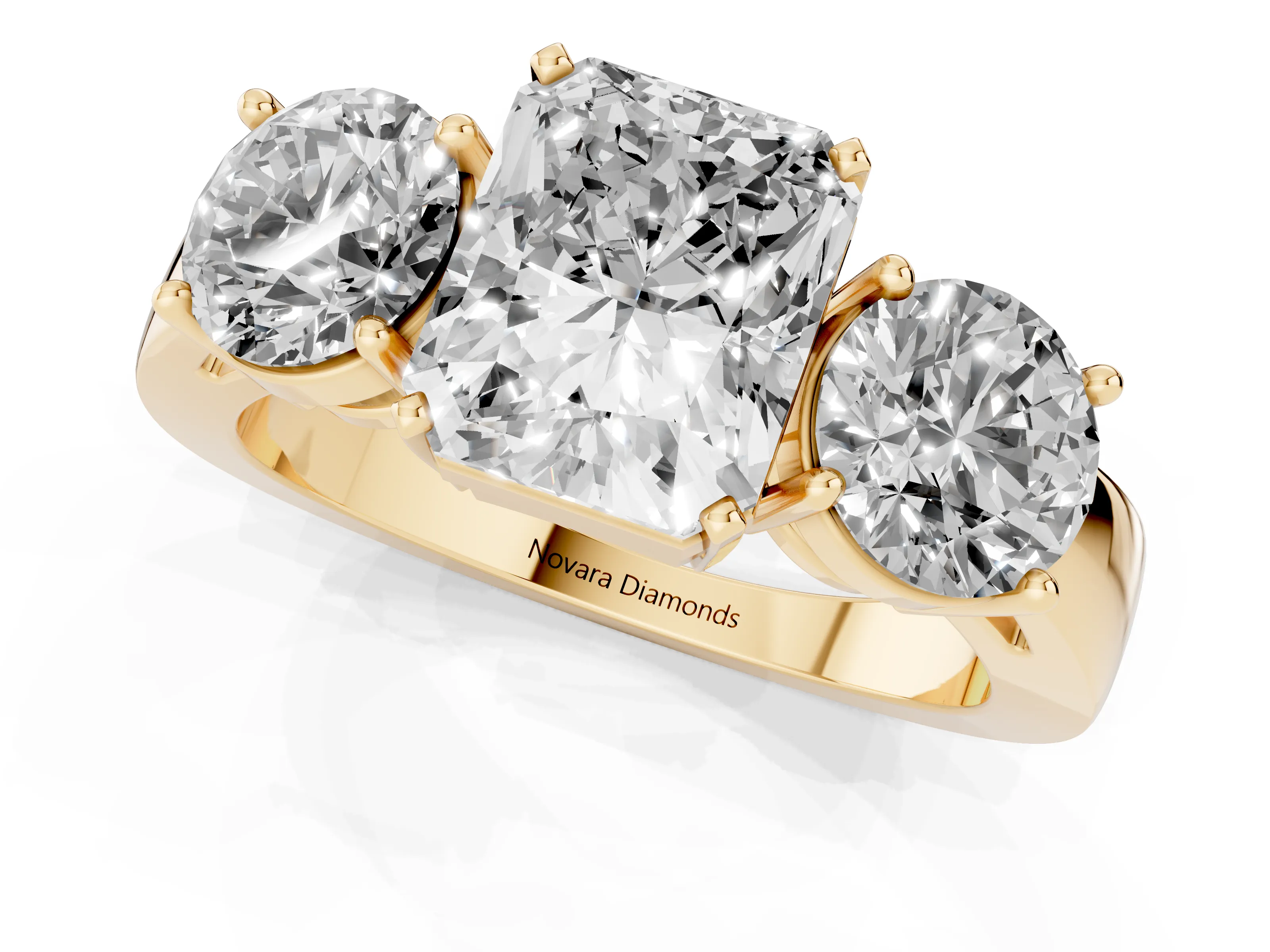 Radiant Cut Diamond Three-Stone Ring Set in Yellow gold with Round Side Stones and Classic Band