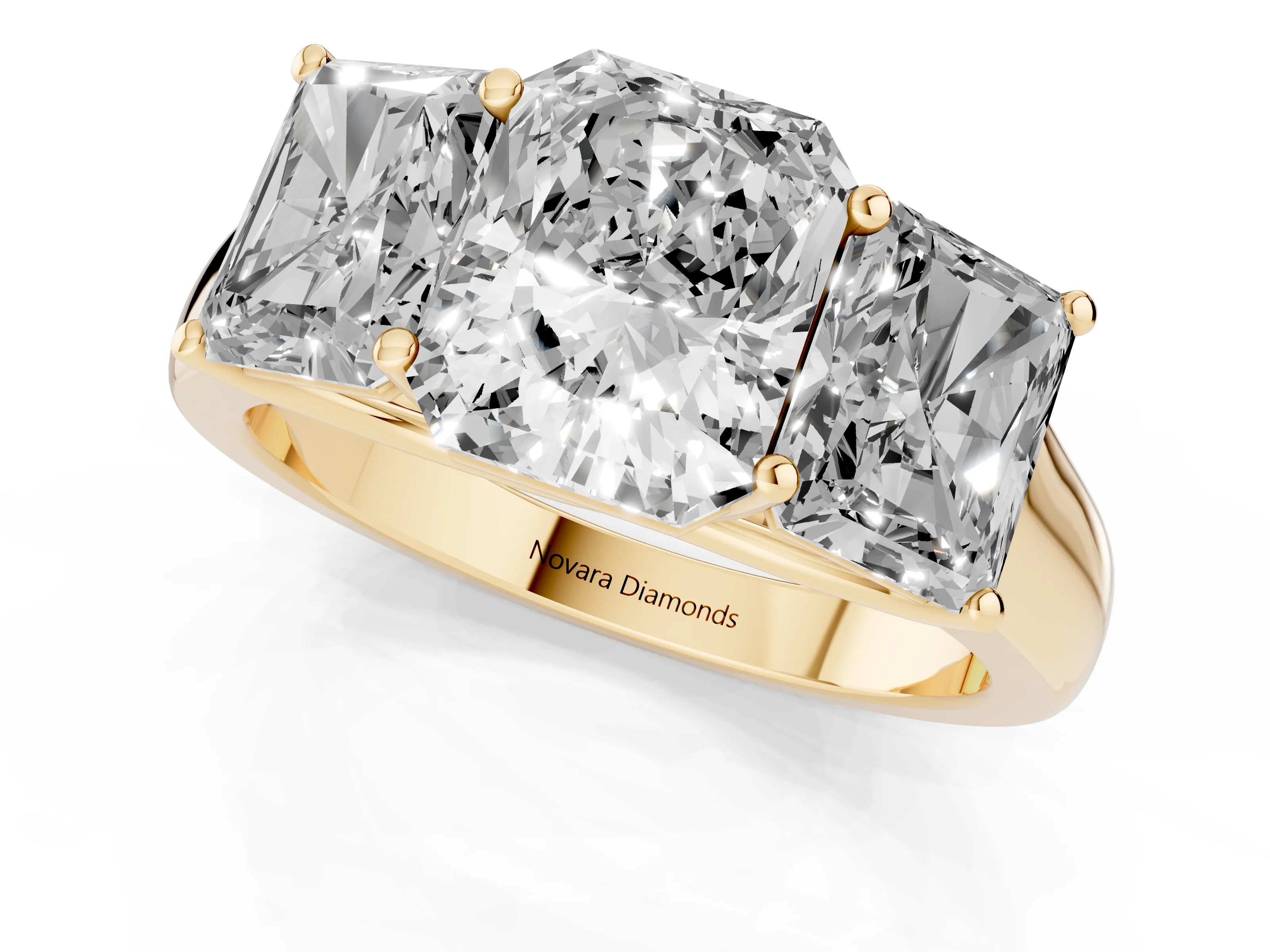 Radiant Cut Diamond Three-Stone Ring Set in Yellow gold with Plain Polished Band