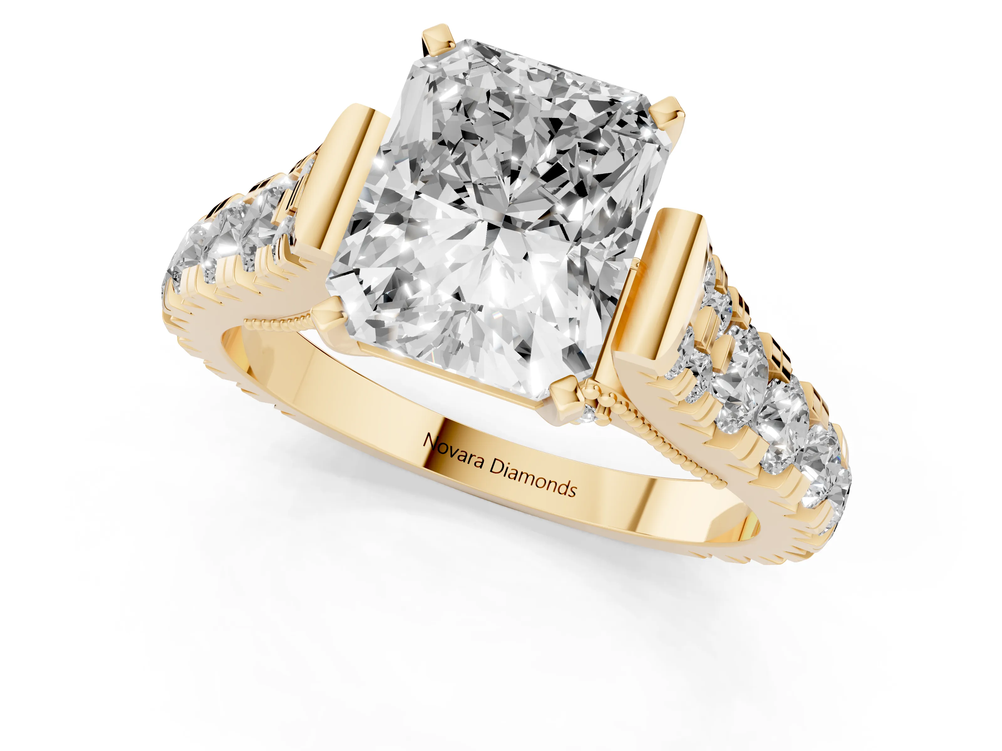 Radiant Cut Diamond Classic Solitaire Ring Set in Yellow gold with Pavé Band and Prong Setting