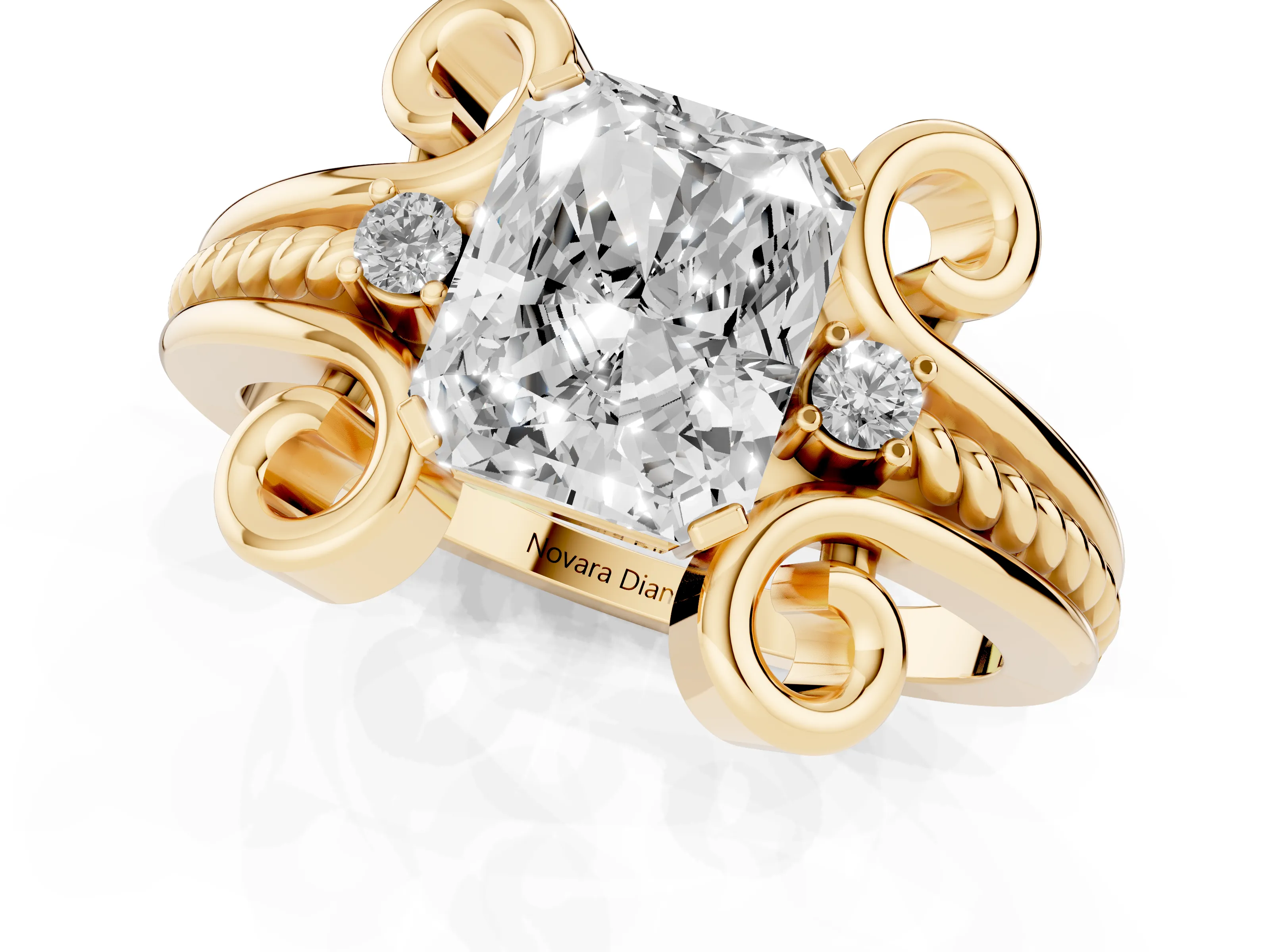 Radiant Cut Diamond Twisted Band Solitaire Ring Set in Yellow gold with Scroll Prongs