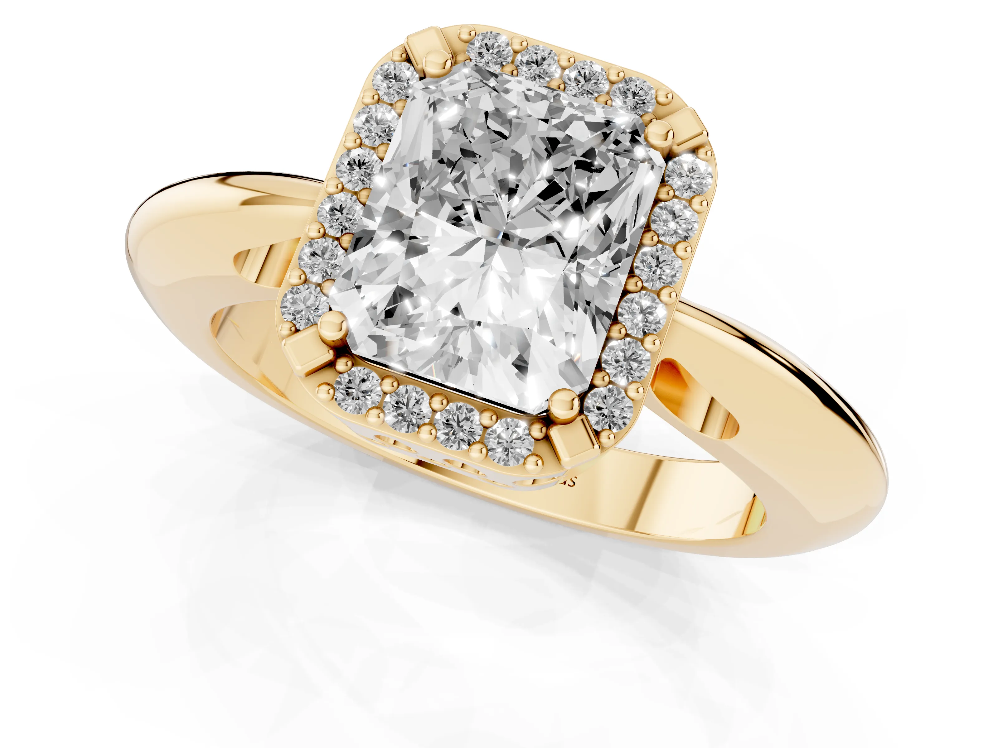 Radiant Cut Diamond Halo Engagement Ring Set in Yellow gold with Plain Split Shank and Prong Setting