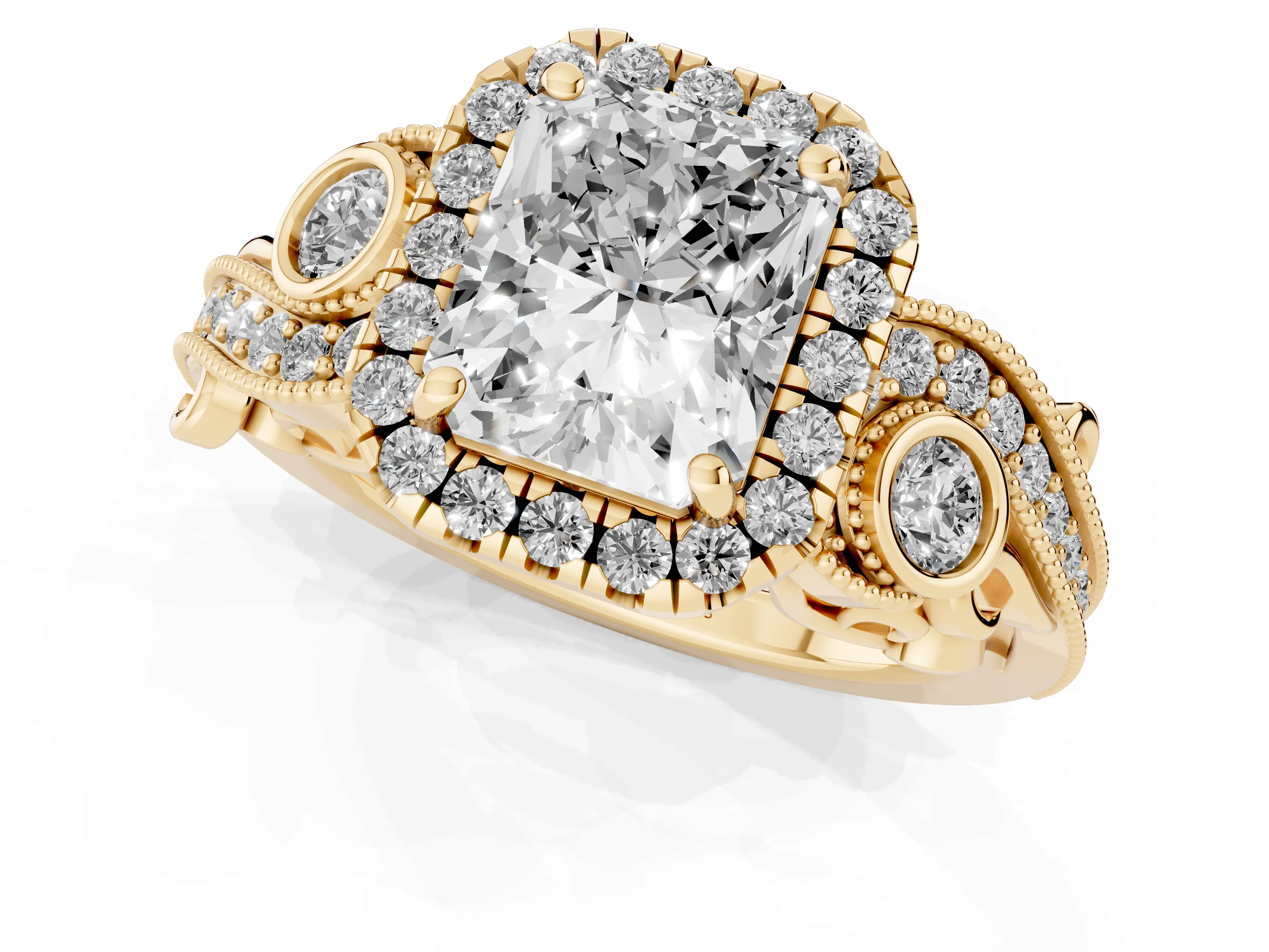 Radiant Cut Diamond Halo Ring Set in Yellow gold with Milgrain Pavé Band and Prong Setting