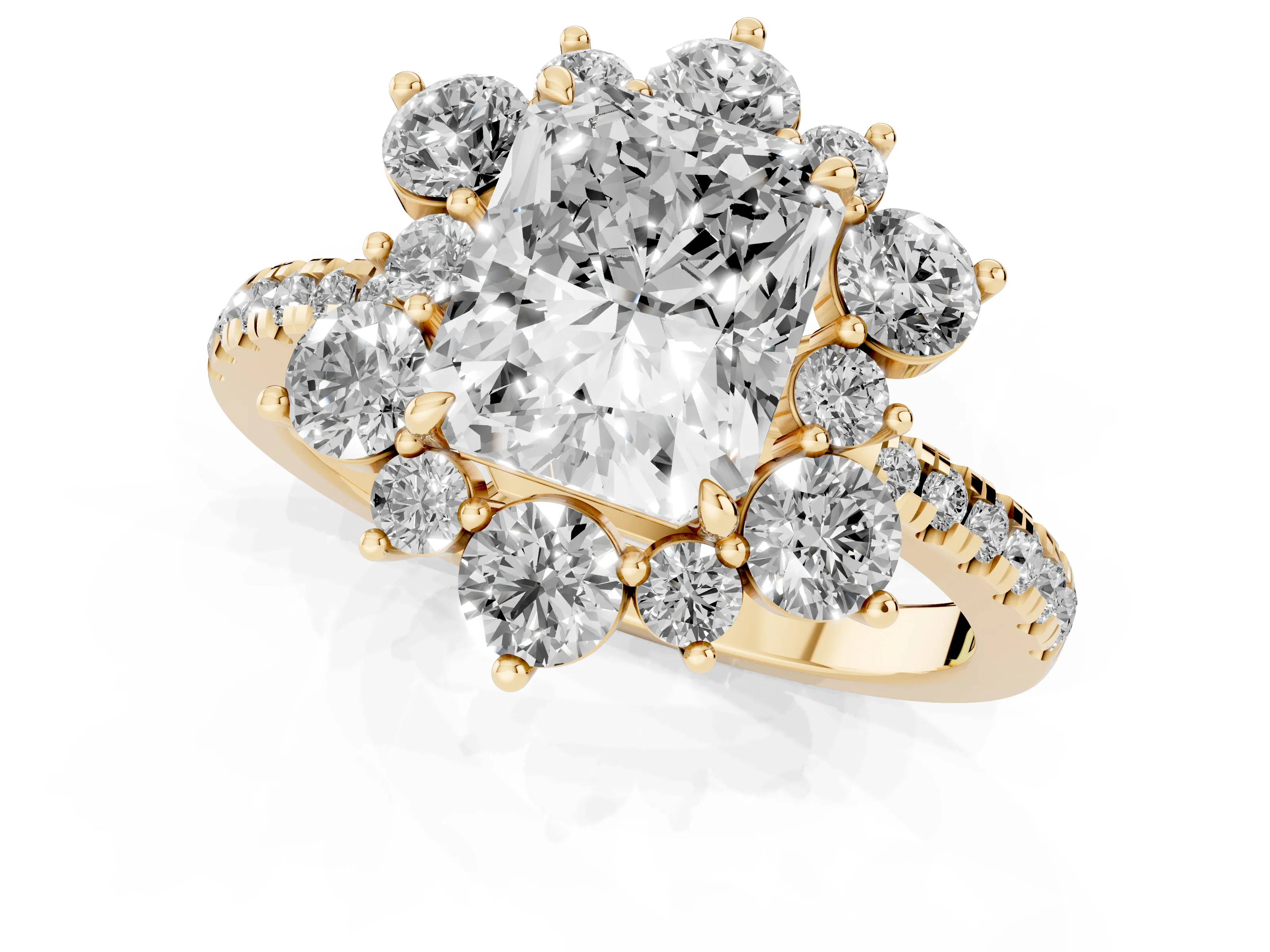 Radiant Cut Diamond Floral Halo Ring Set in Yellow gold with Round Pavé Band and Prong Setting