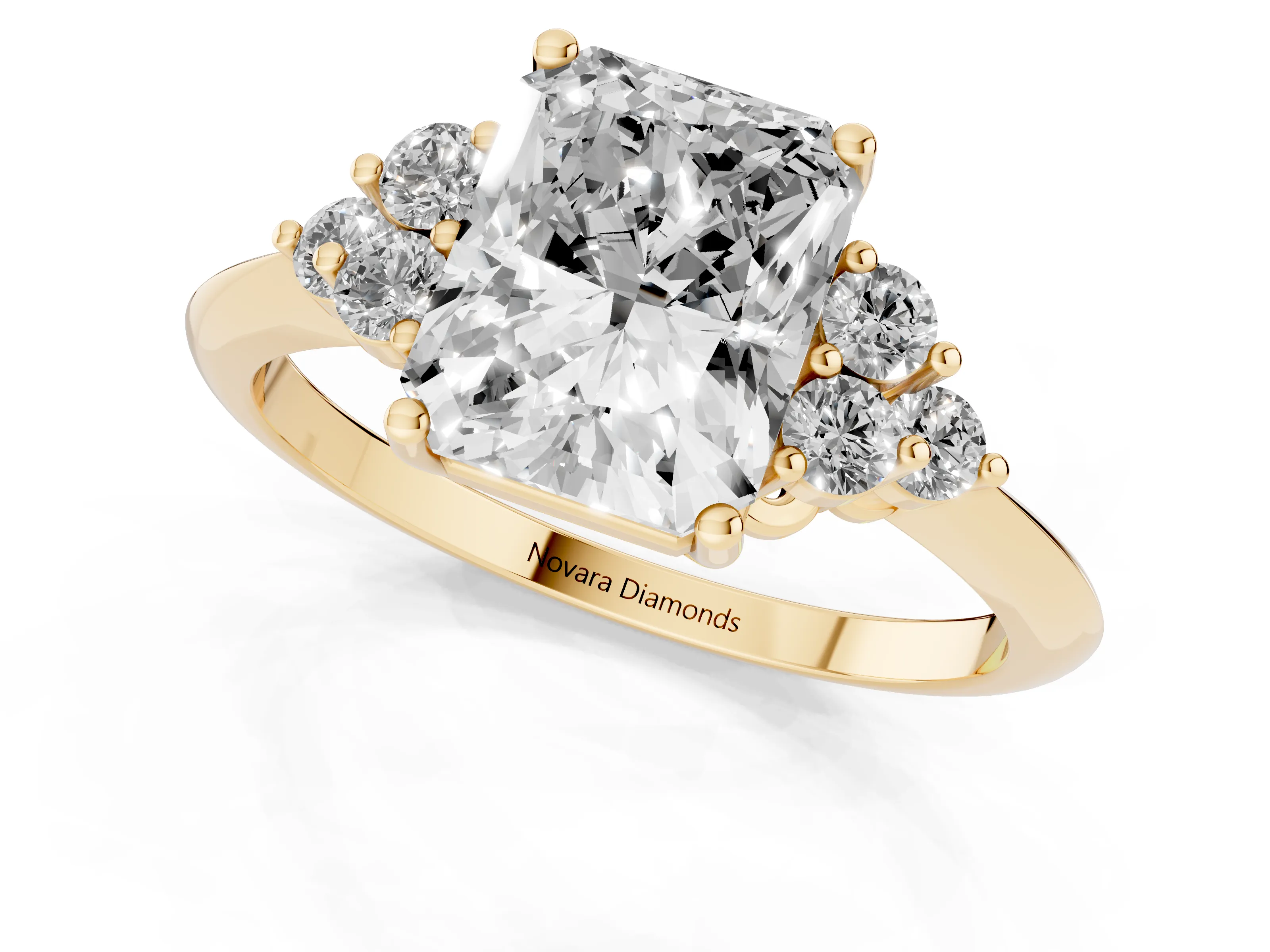 Radiant Cut Diamond Cluster Ring Set in Yellow gold with Plain Band and Prong Setting