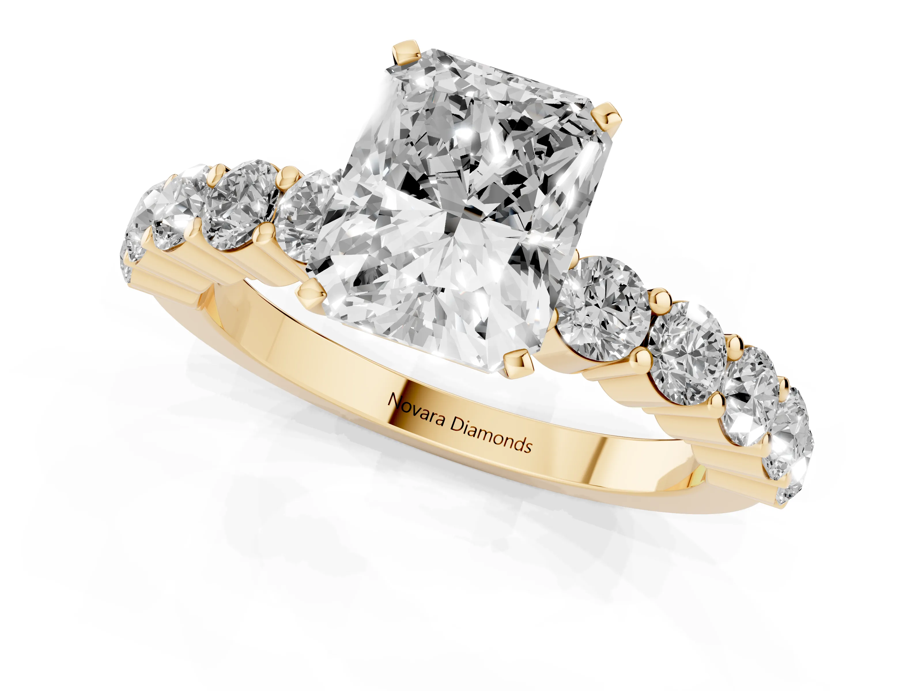 Radiant Cut Diamond Solitaire Ring Set in Yellow gold with Shared Prong Round Side Stones