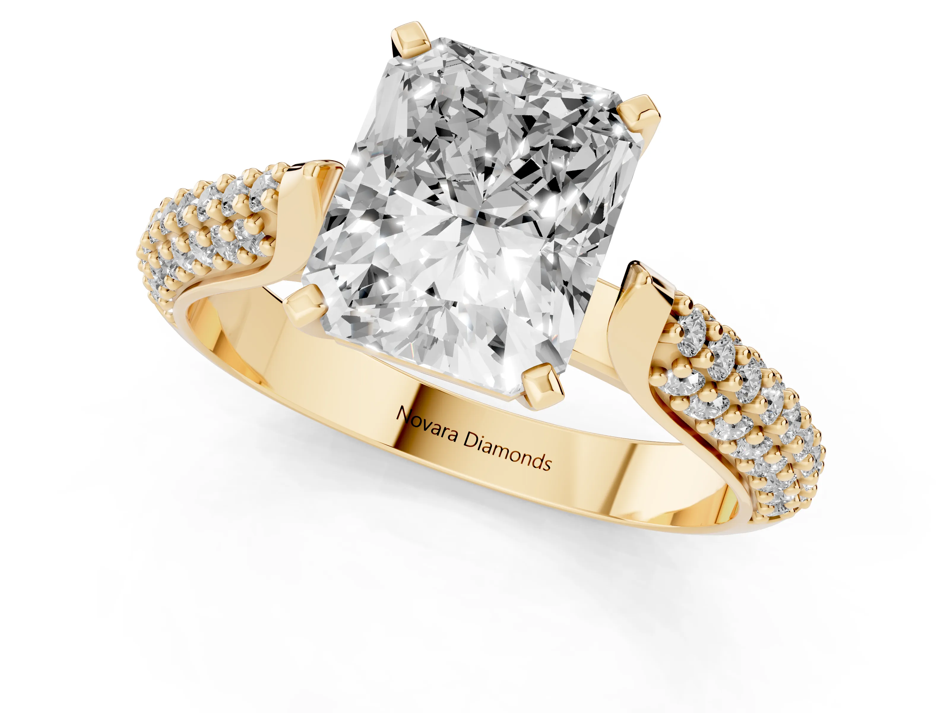 Radiant Cut Diamond Solitaire Engagement Ring Set in Yellow gold with Multi-Row Round Pavé Band and Prong Setting