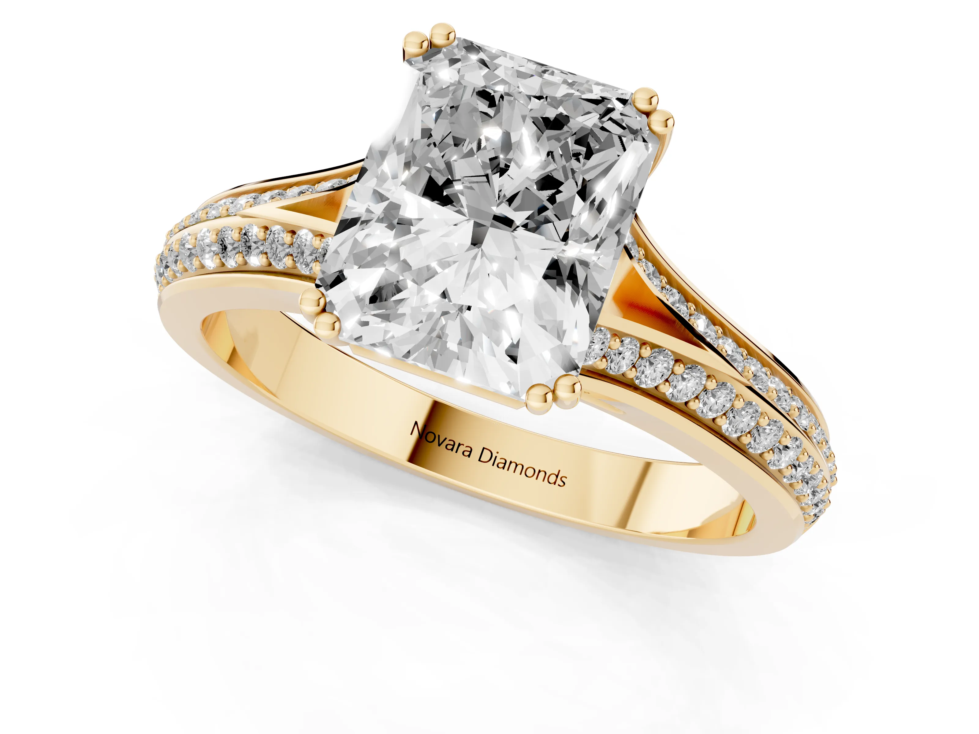 Radiant Cut Diamond Split Shank Pavé Engagement Ring Set in Yellow gold with Prong-Set Center Stone
