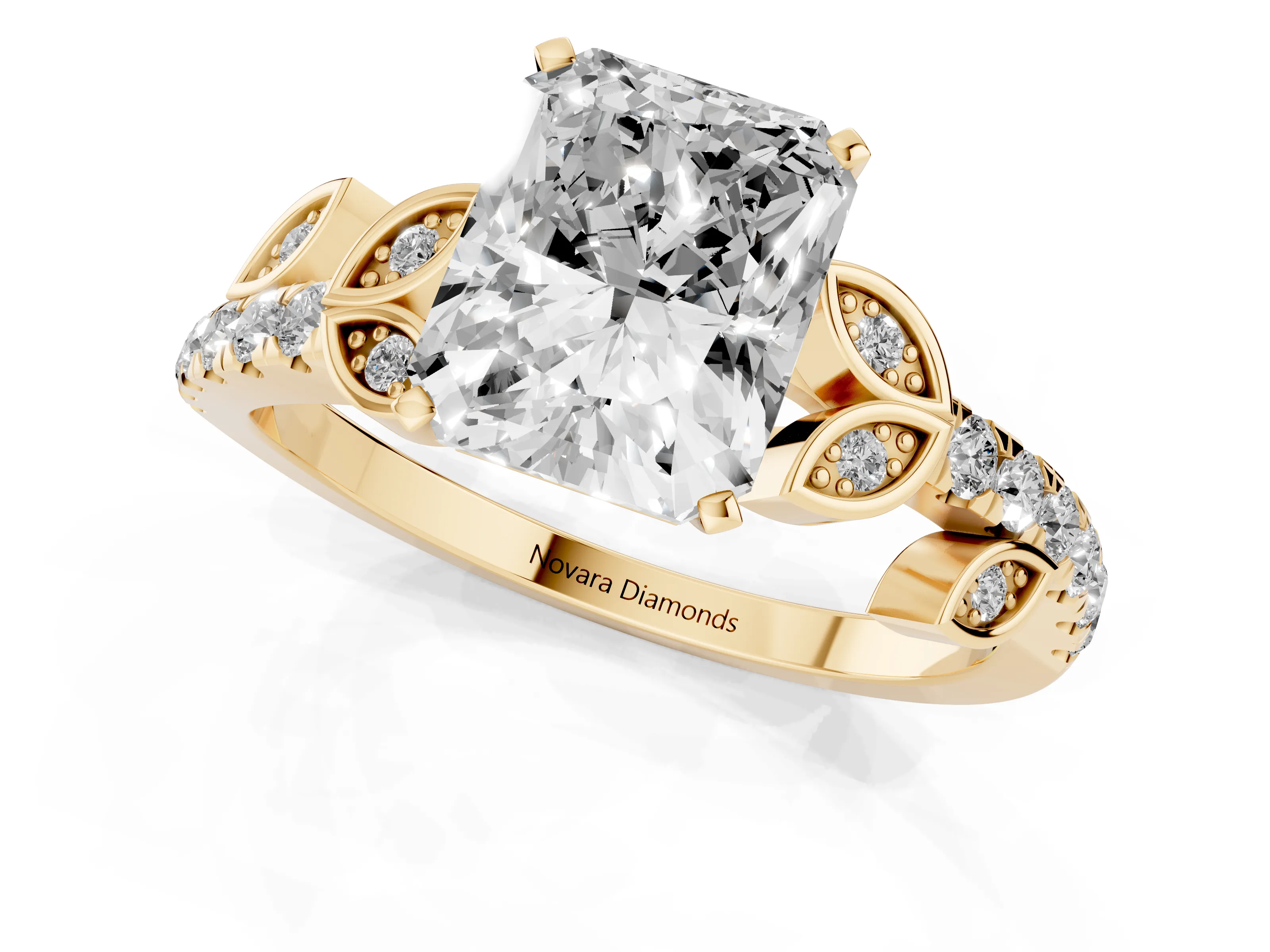 Radiant Cut Diamond Solitaire Leaf-Inspired Ring Set in Yellow gold with Pavé Band and Prong Setting