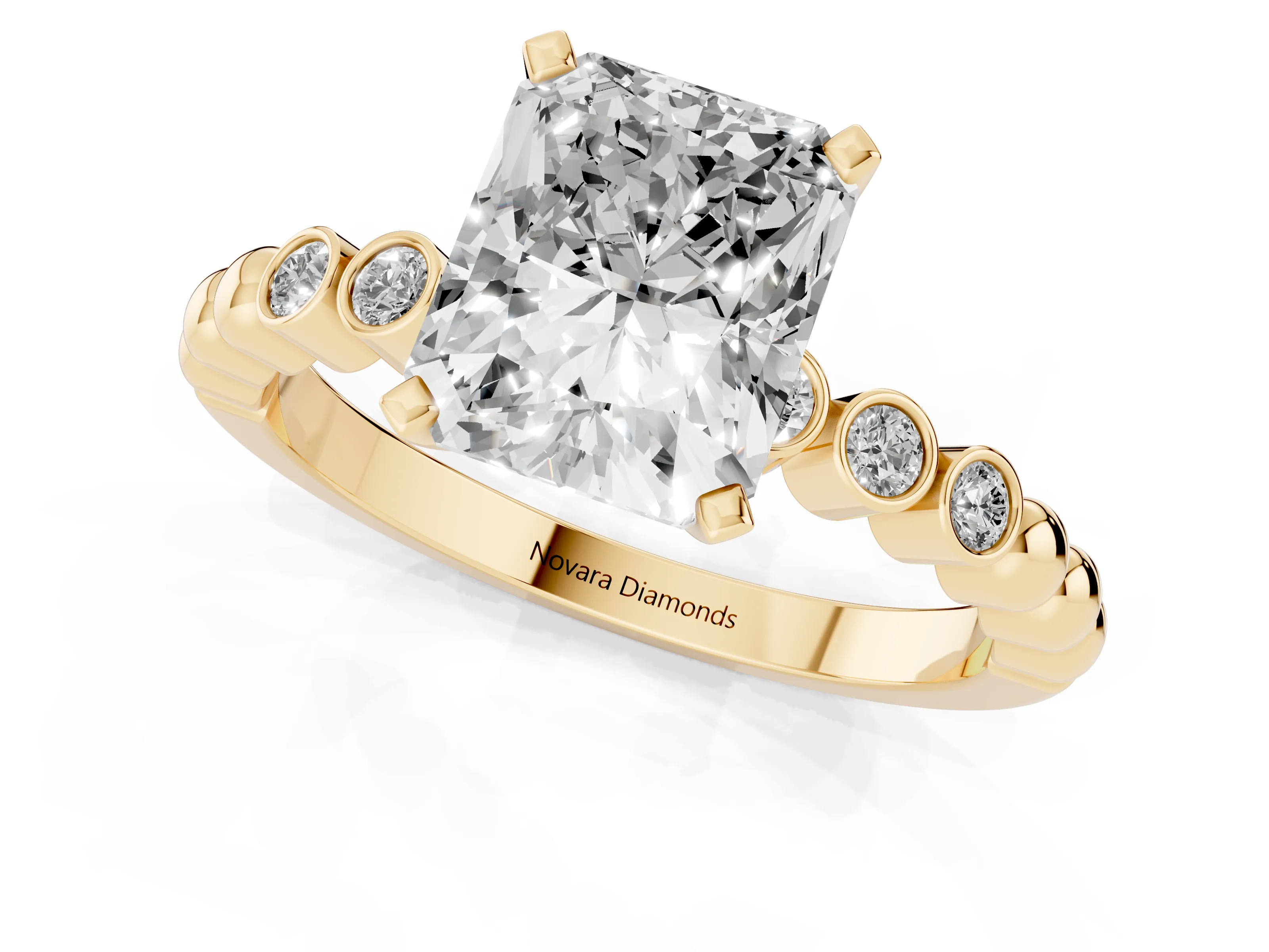 Radiant Cut Diamond Solitaire Engagement Ring Set in Yellow gold with Bezel Accents on Beaded Band – second view