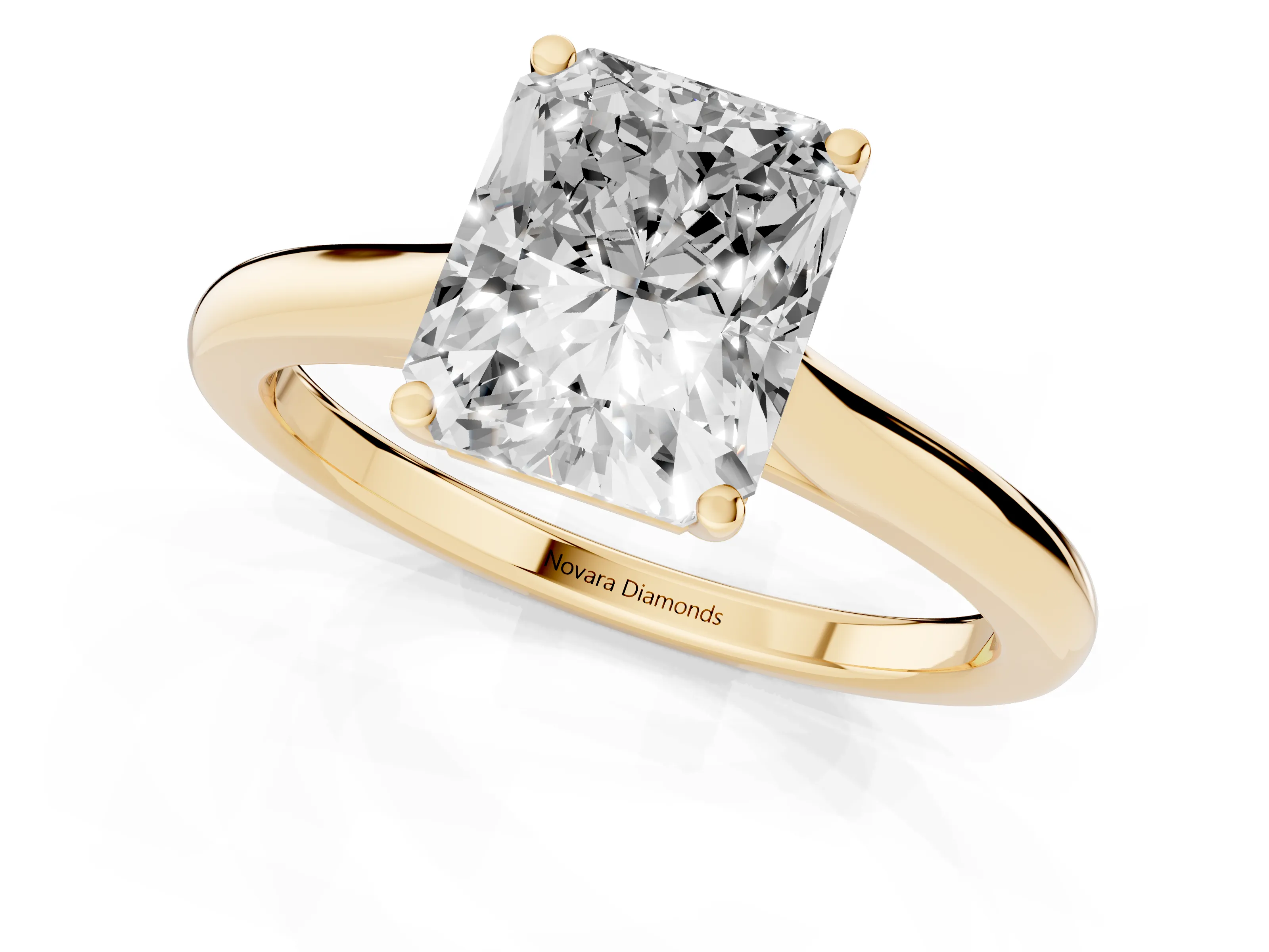 Radiant Cut Diamond Solitaire Ring Set in Yellow gold with Cathedral Band and Prong Setting – second view