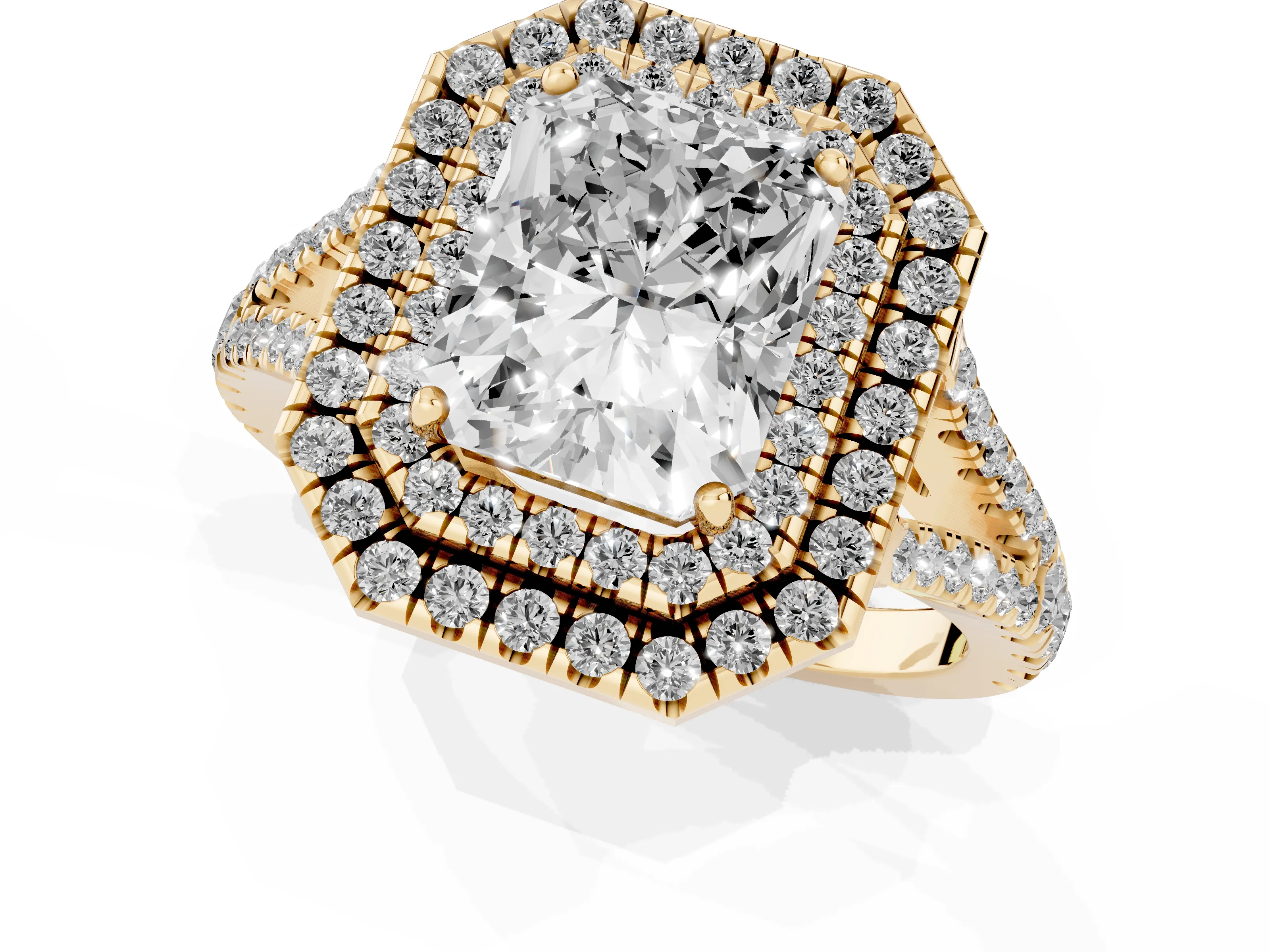 Radiant Cut Diamond Double Halo Ring Set in Yellow gold with Pavé Band