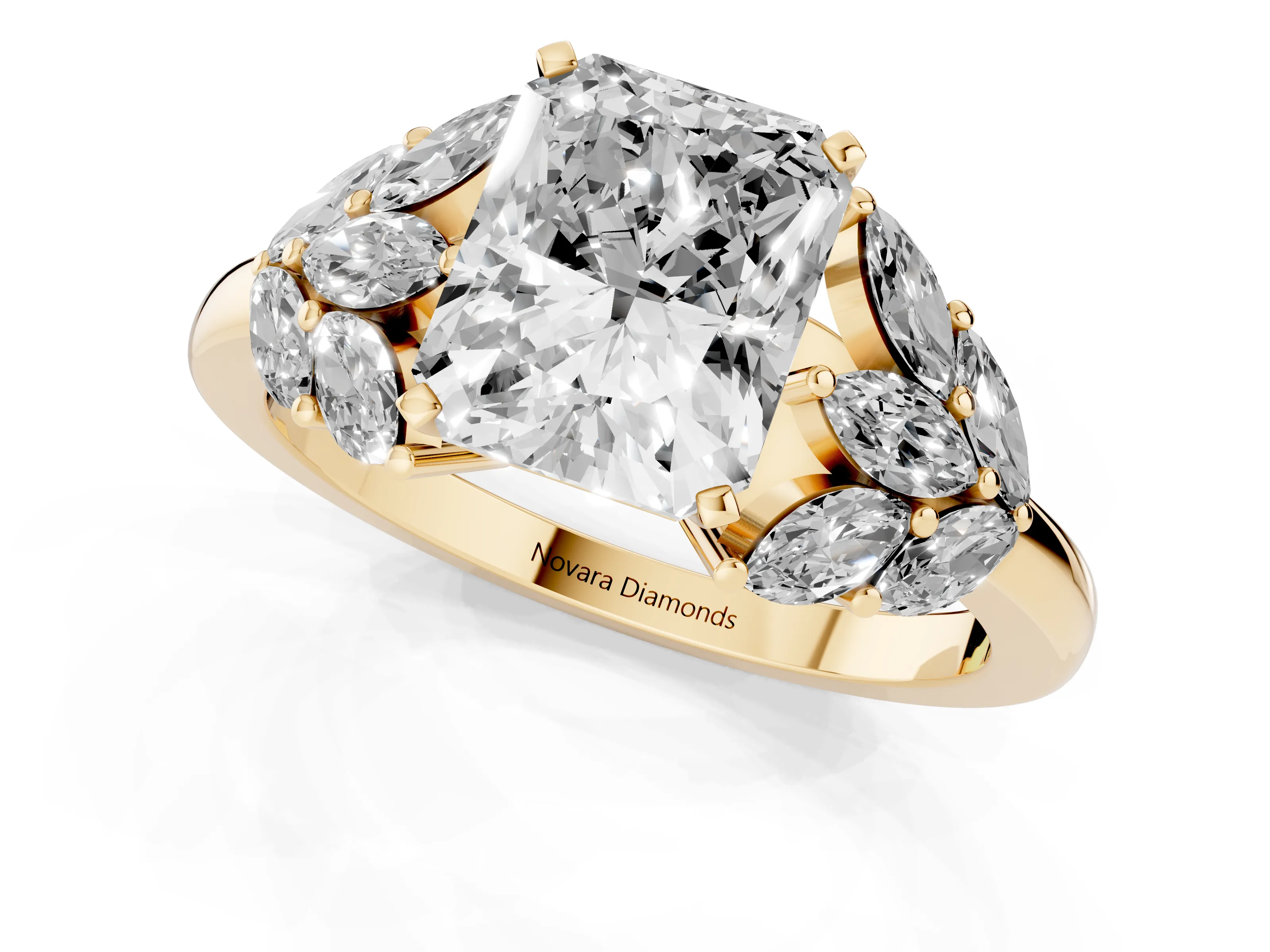 Radiant Cut Diamond Cluster Leaf Design Ring Set in Yellow gold with Prong Setting