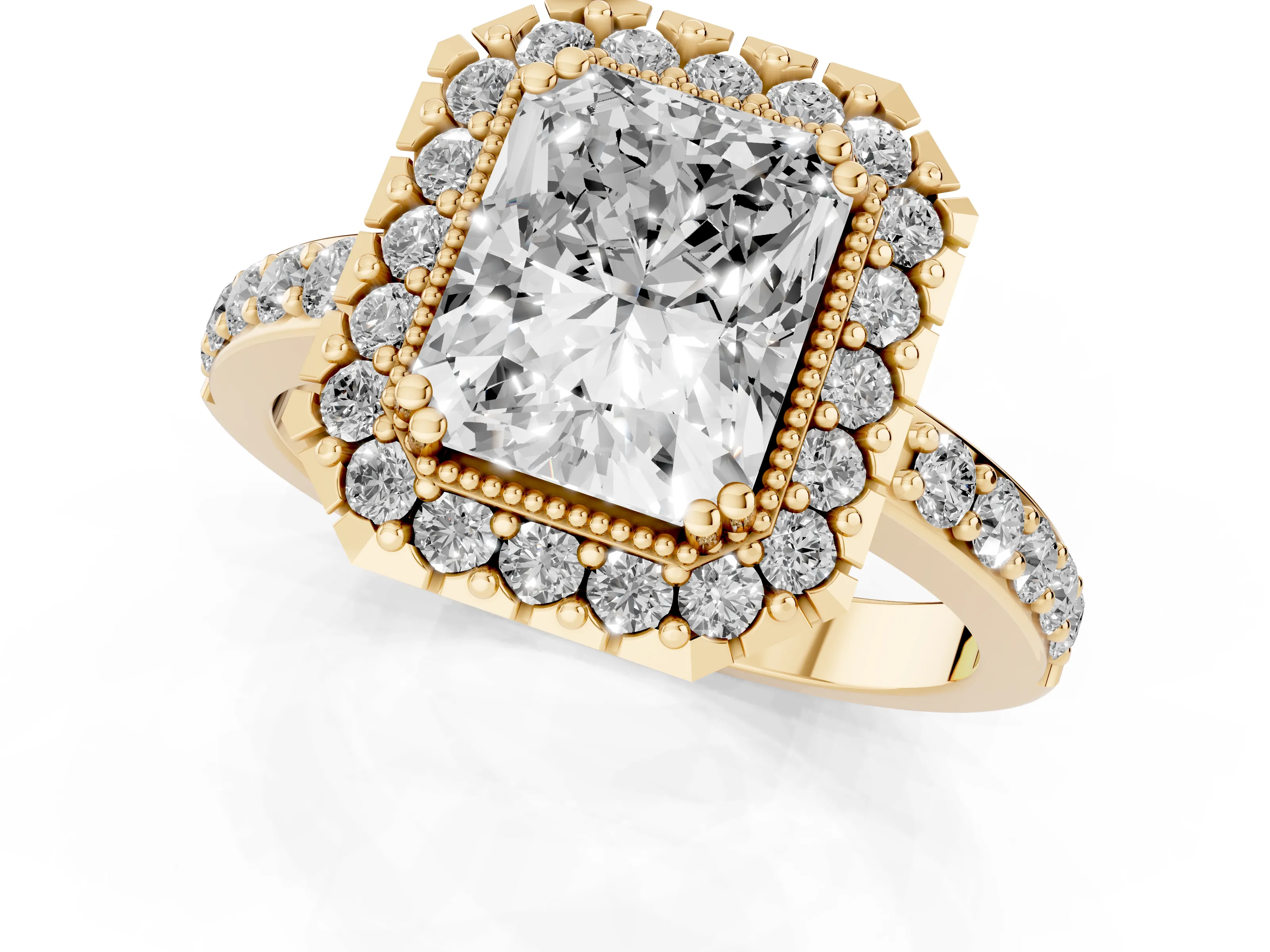 Radiant Cut Diamond Halo Ring Set in Yellow gold with Pavé Shank and Prong Setting