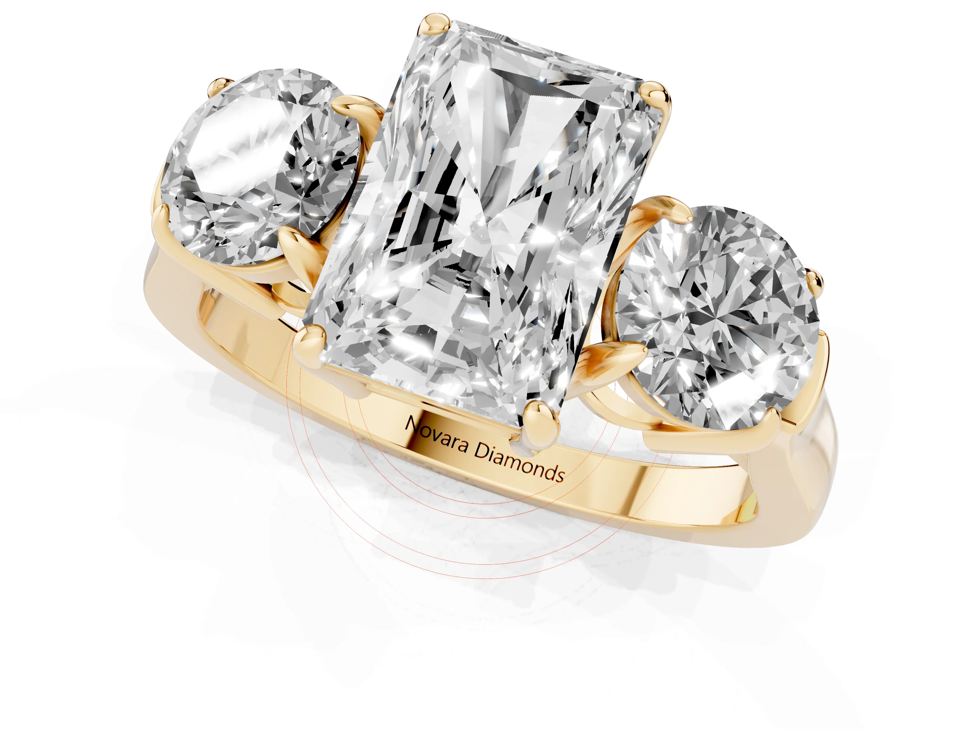 Radiant Cut Diamond Three-Stone Ring Set in Yellow gold with Round Accent Stones and Plain Band