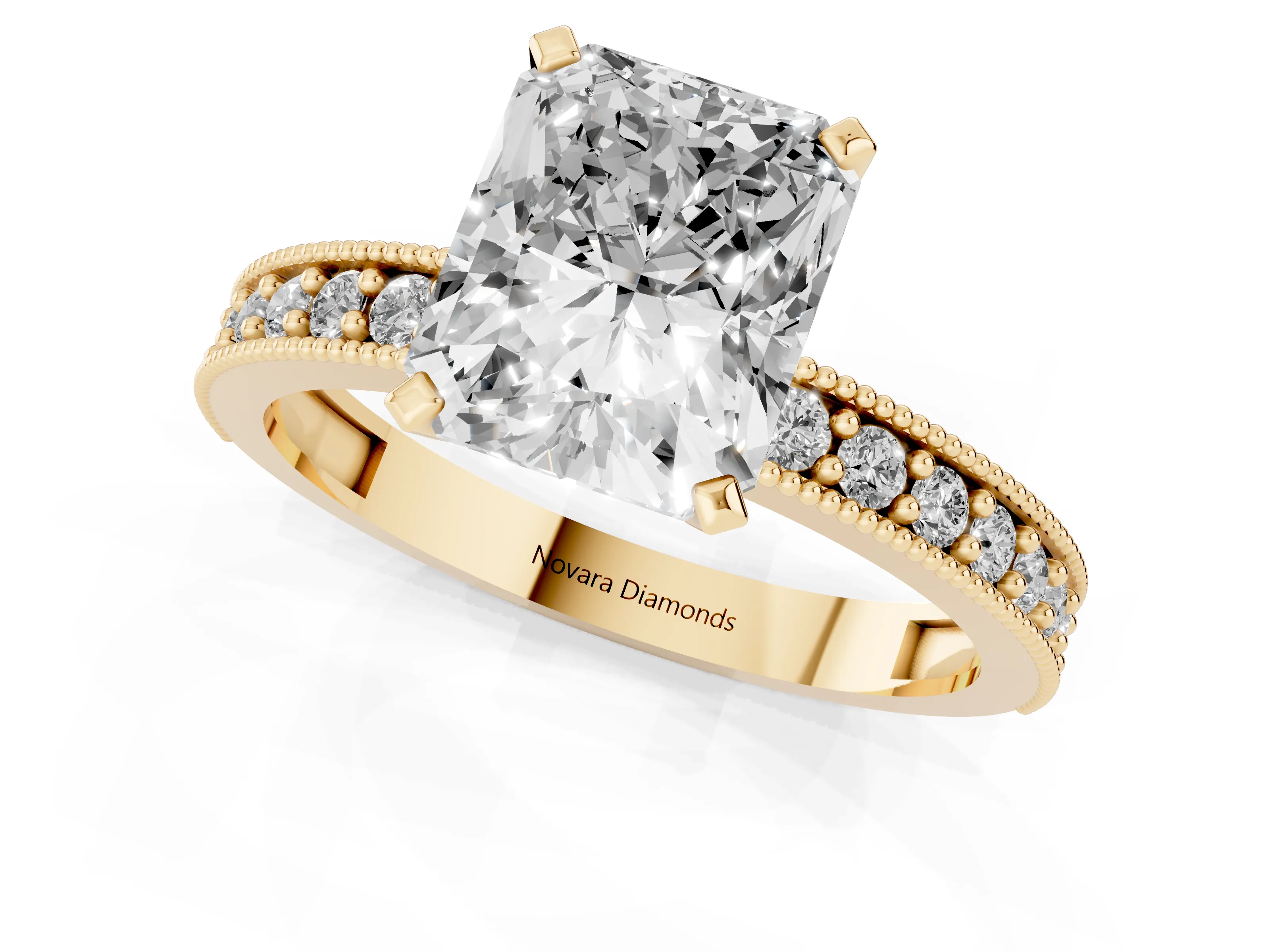 Radiant Cut Diamond Milgrain Pavé Engagement Ring Set in Yellow gold with Prong Setting