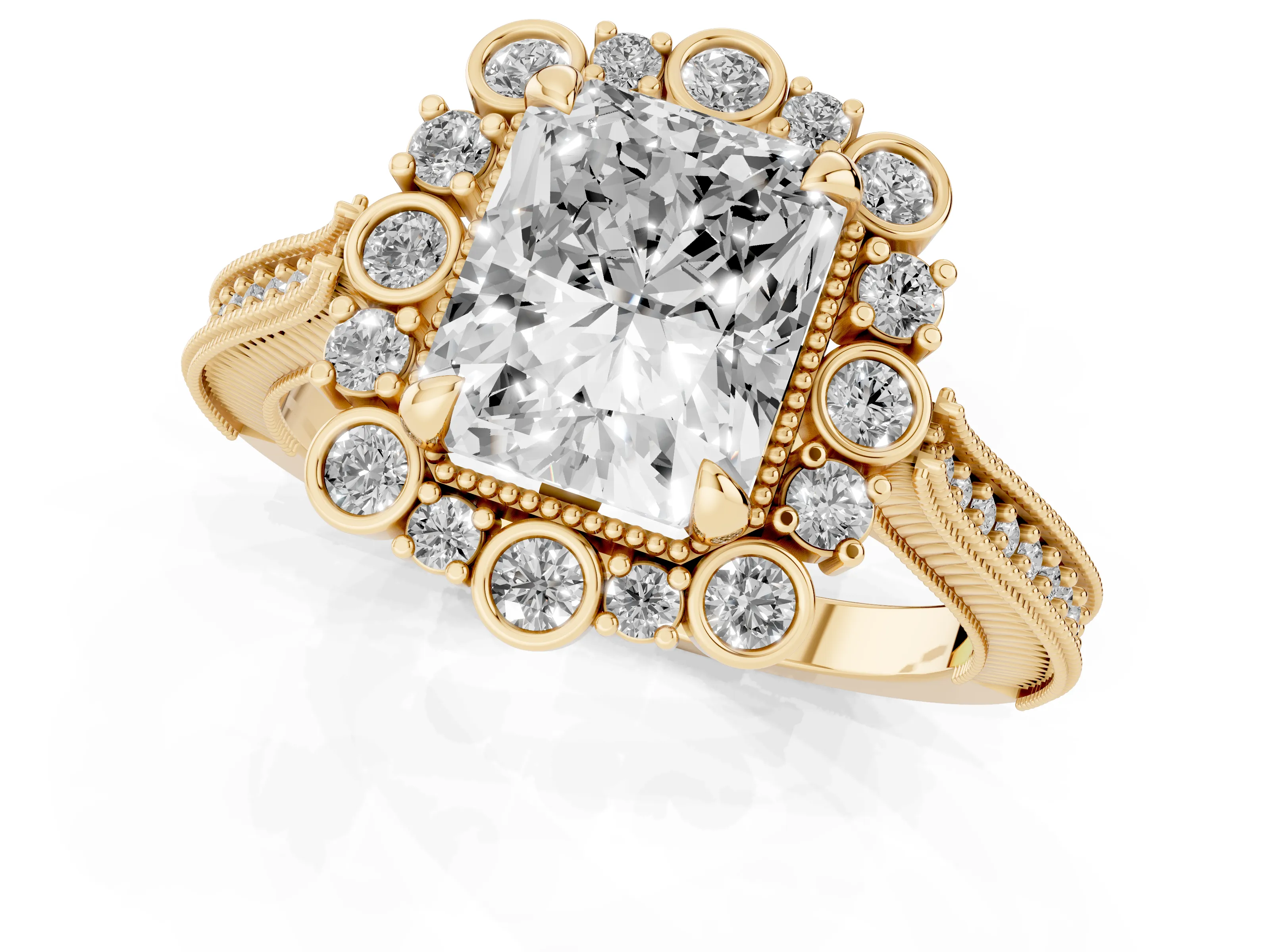 Radiant Cut Diamond Halo Milgrain Pavé Ring Set in Yellow gold with Prong Setting
