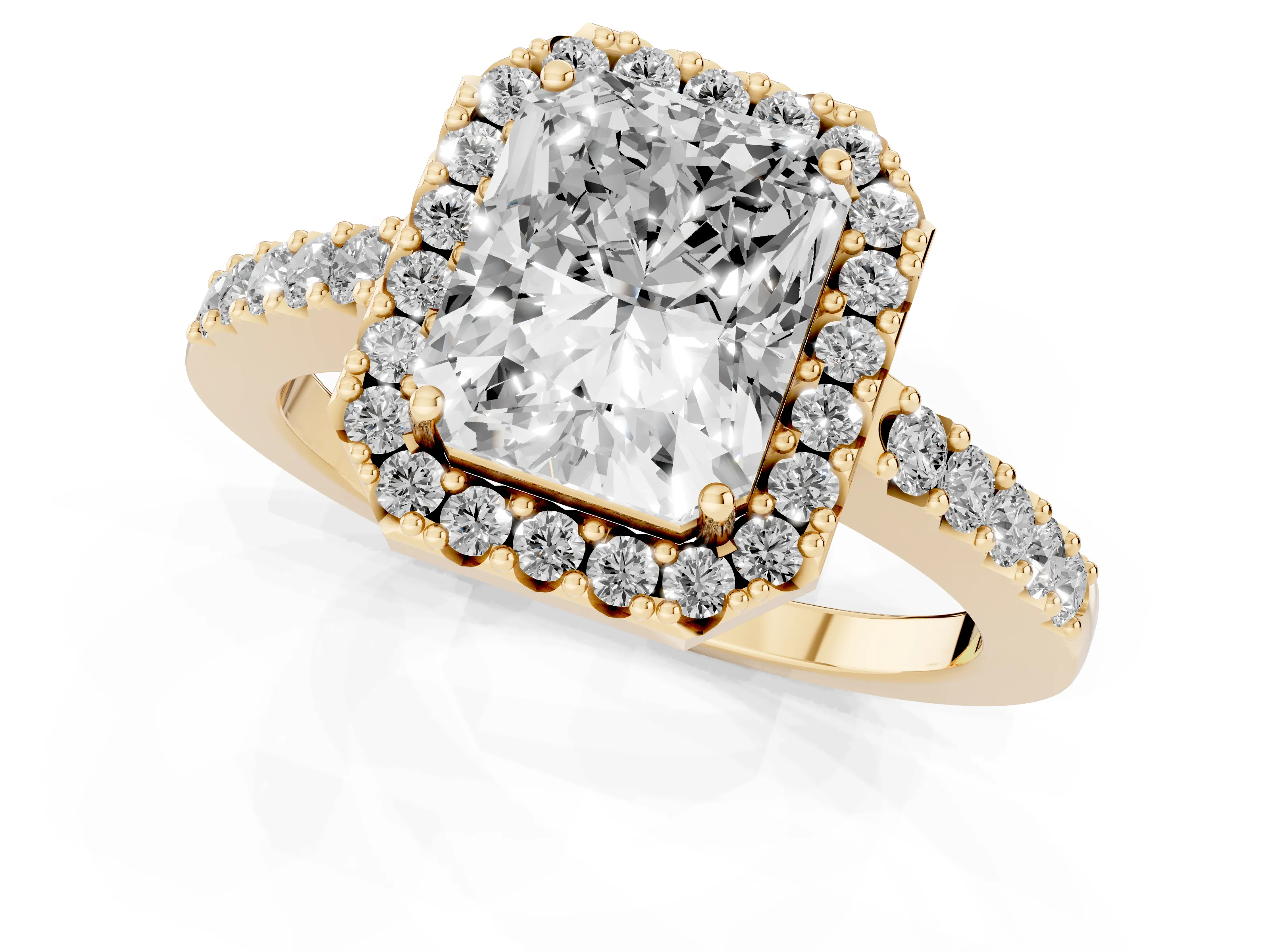 Radiant Cut Diamond Halo Pavé Solitaire Ring Set in Yellow gold with Prong-Set Center Stone