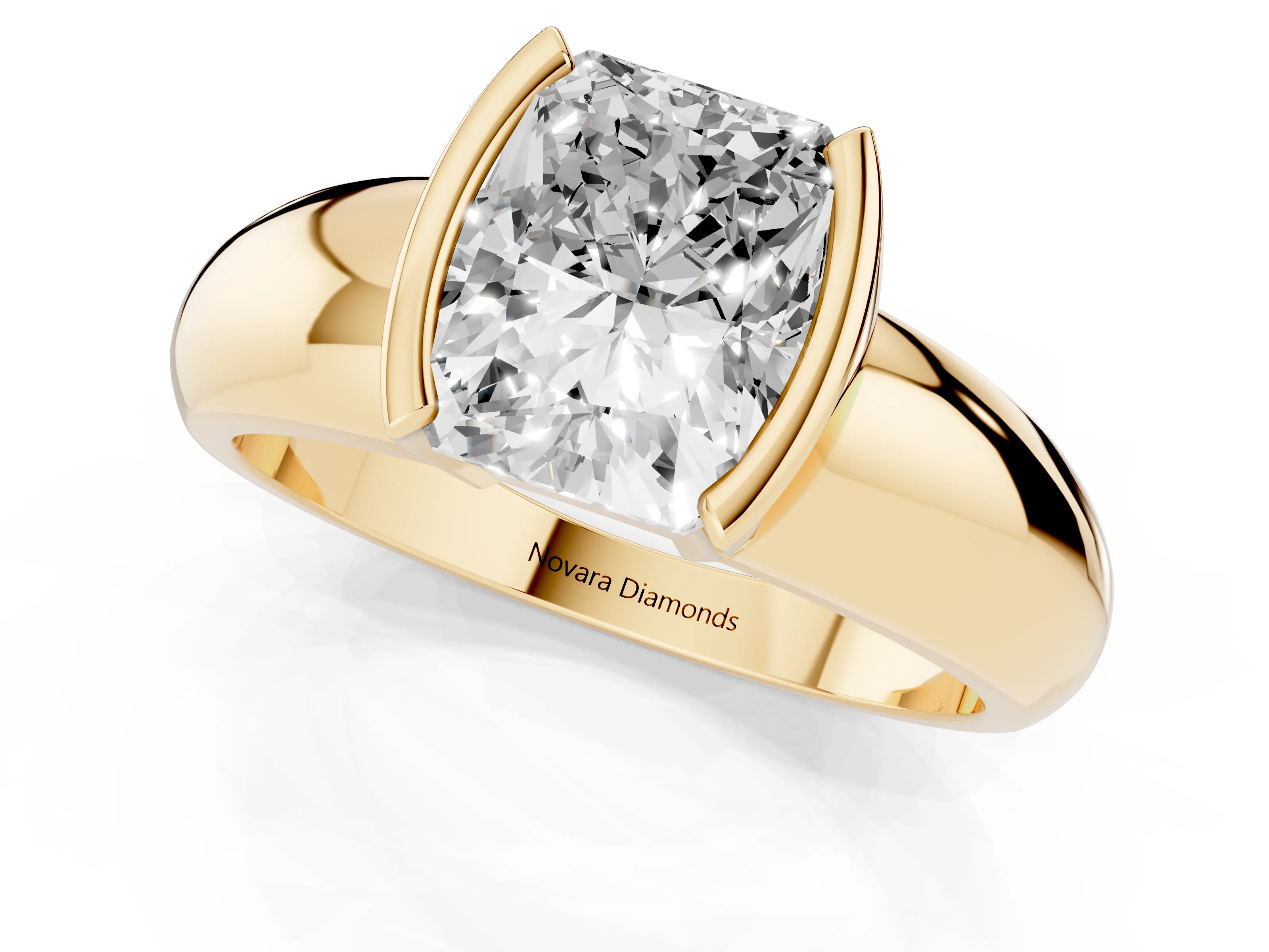 Radiant Cut Diamond Solitaire Tension Set Ring Set in Yellow gold with Wide Band