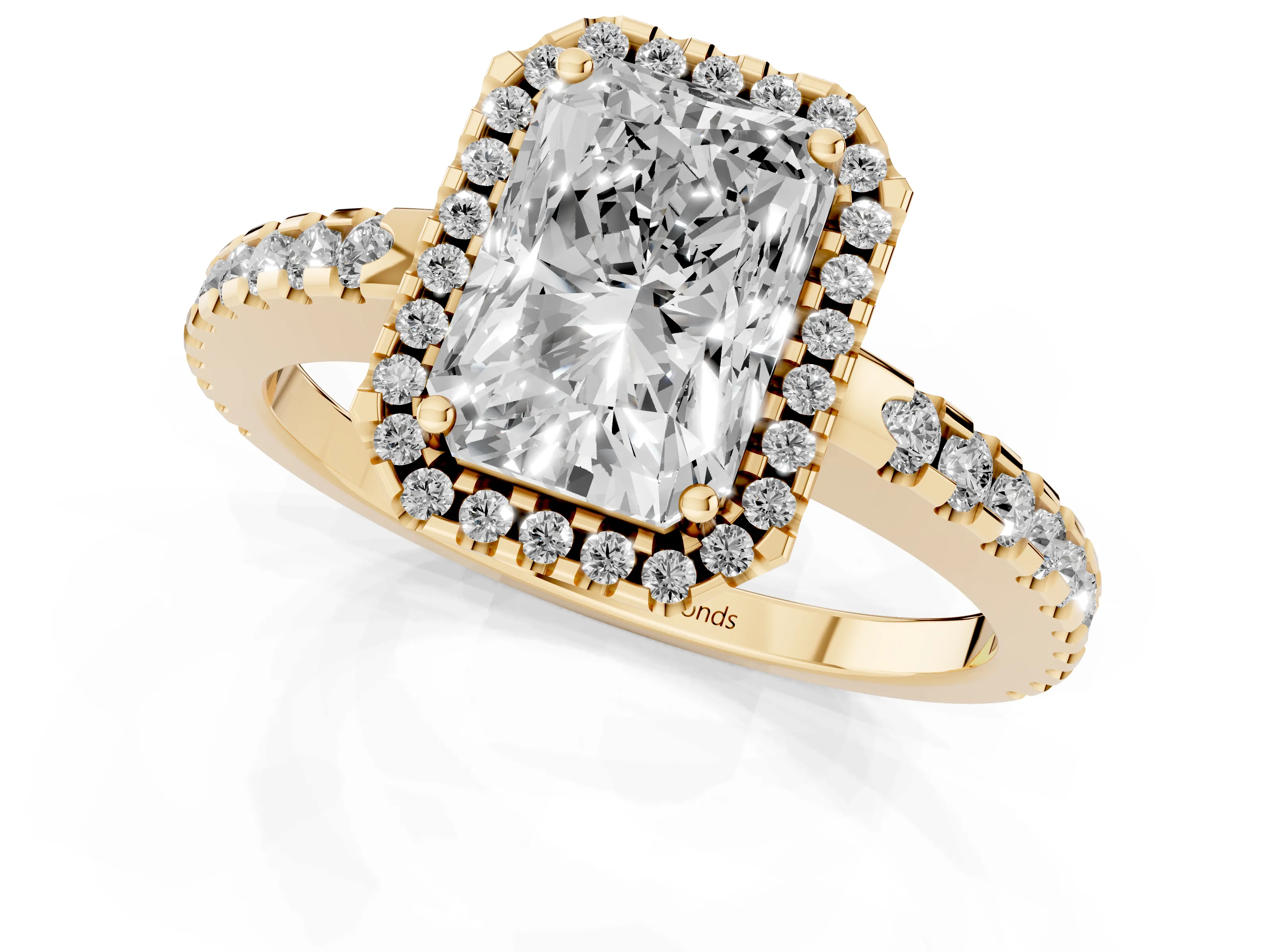 Radiant Cut Diamond Halo Ring Set in Yellow gold with Pavé Shoulders and Halo-Framed Center