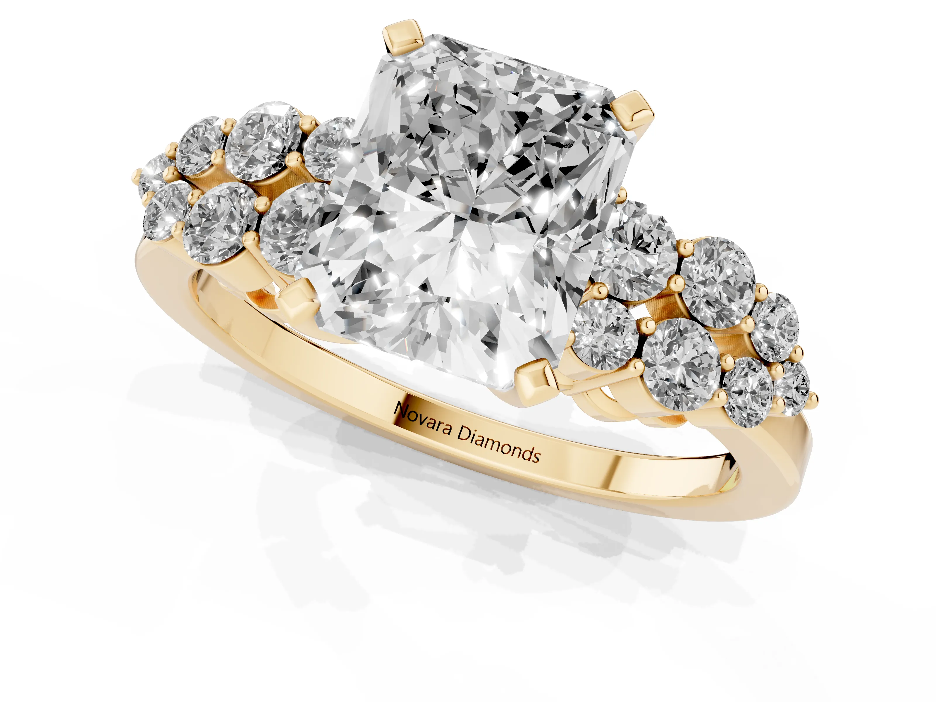 Radiant Cut Diamond Cluster Engagement Ring Set in Yellow gold with Pavé Band and Prong Setting