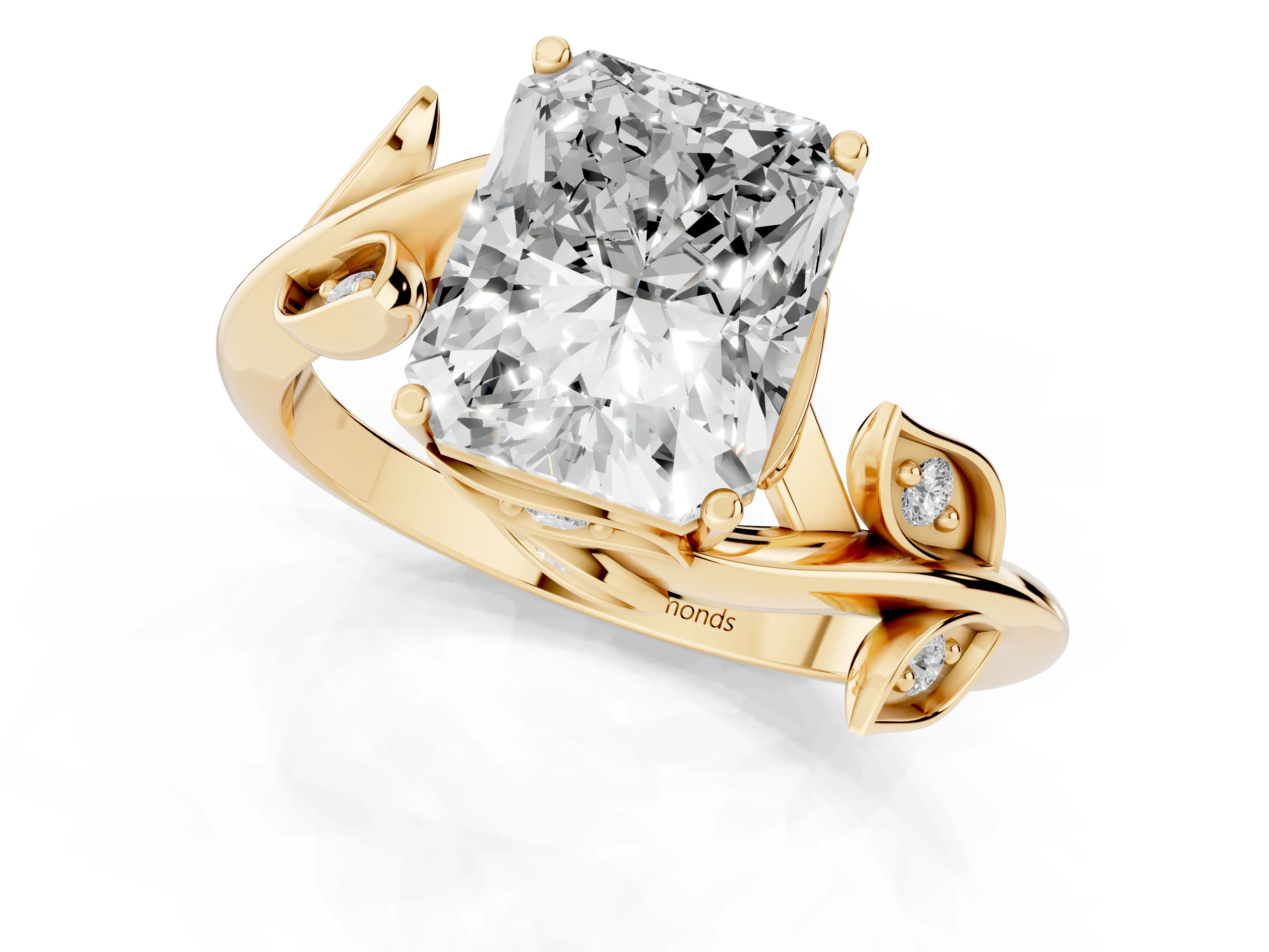 Radiant Cut Diamond Solitaire Twist Engagement Ring Set in Yellow gold with Pavé Leaf Accents