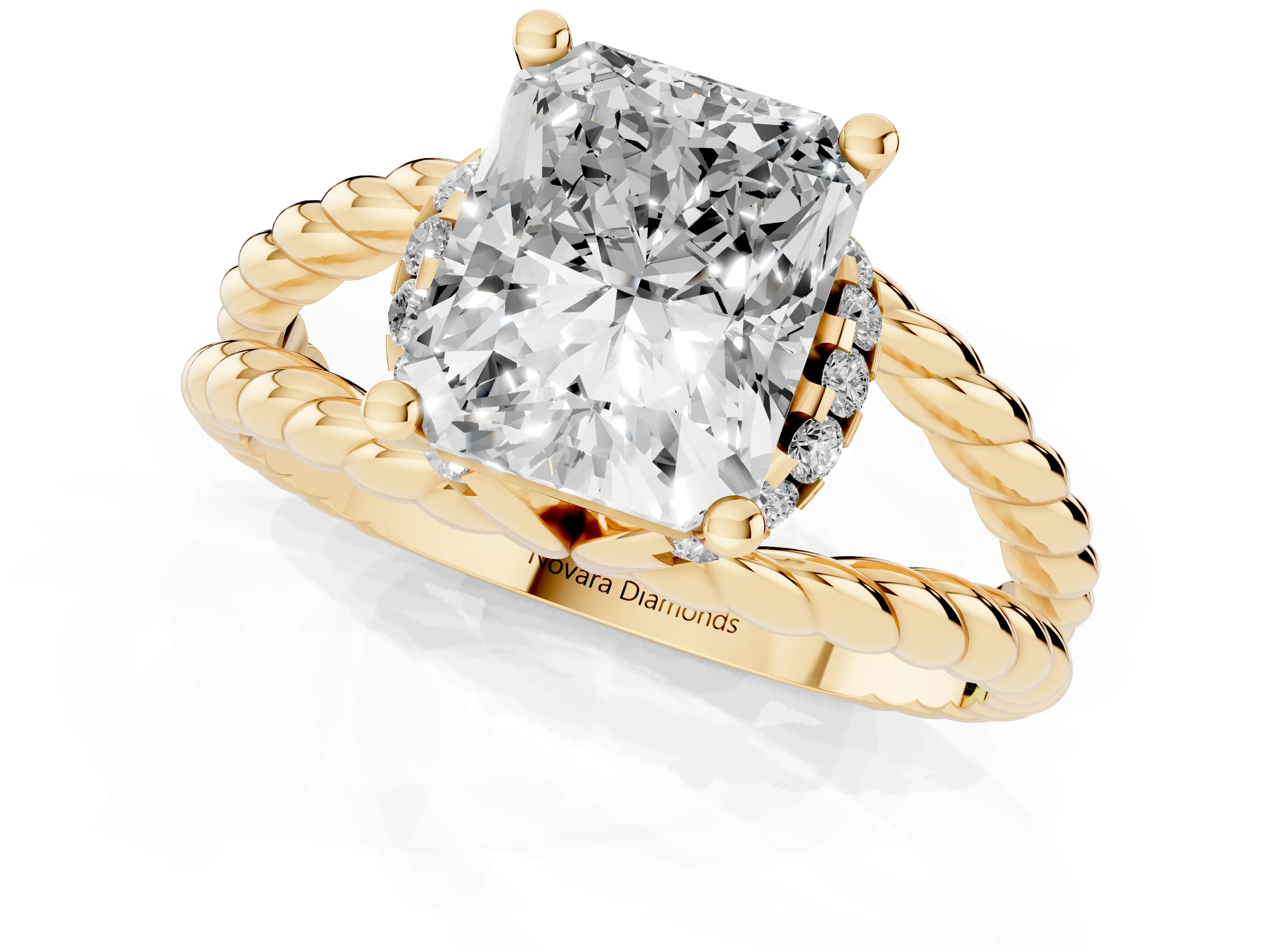 Radiant Cut Diamond Halo Ring Set in Yellow gold with Twisted Band and Prong Setting