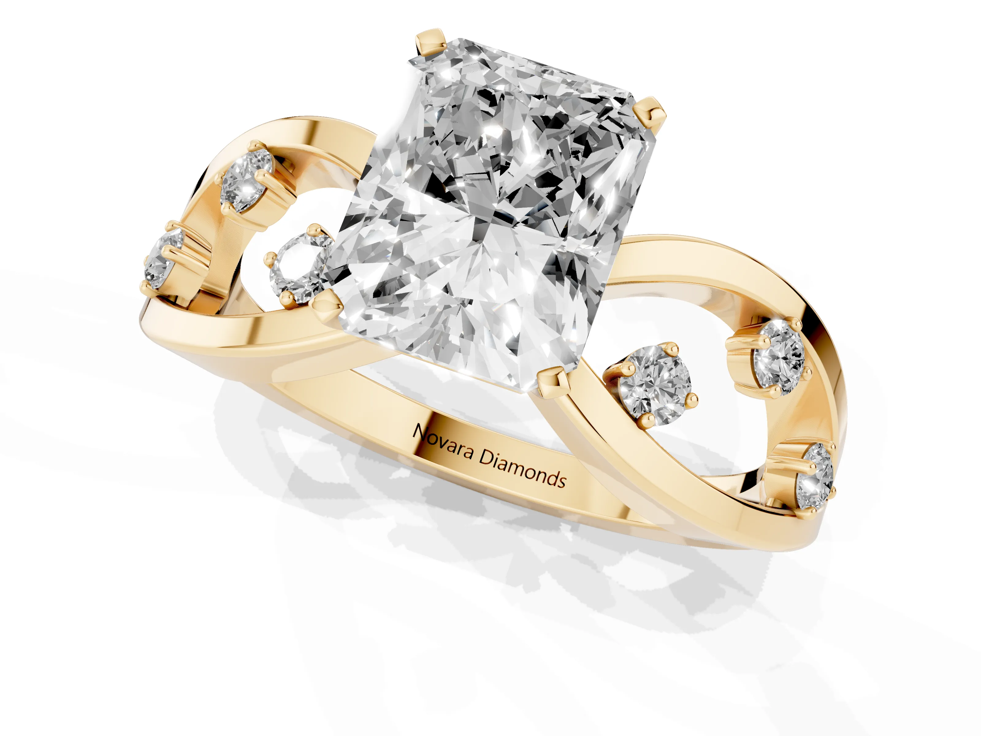Radiant Cut Diamond Solitaire Ring Set in Yellow gold with Side Stones on Criss-Cross Band and Prong Setting