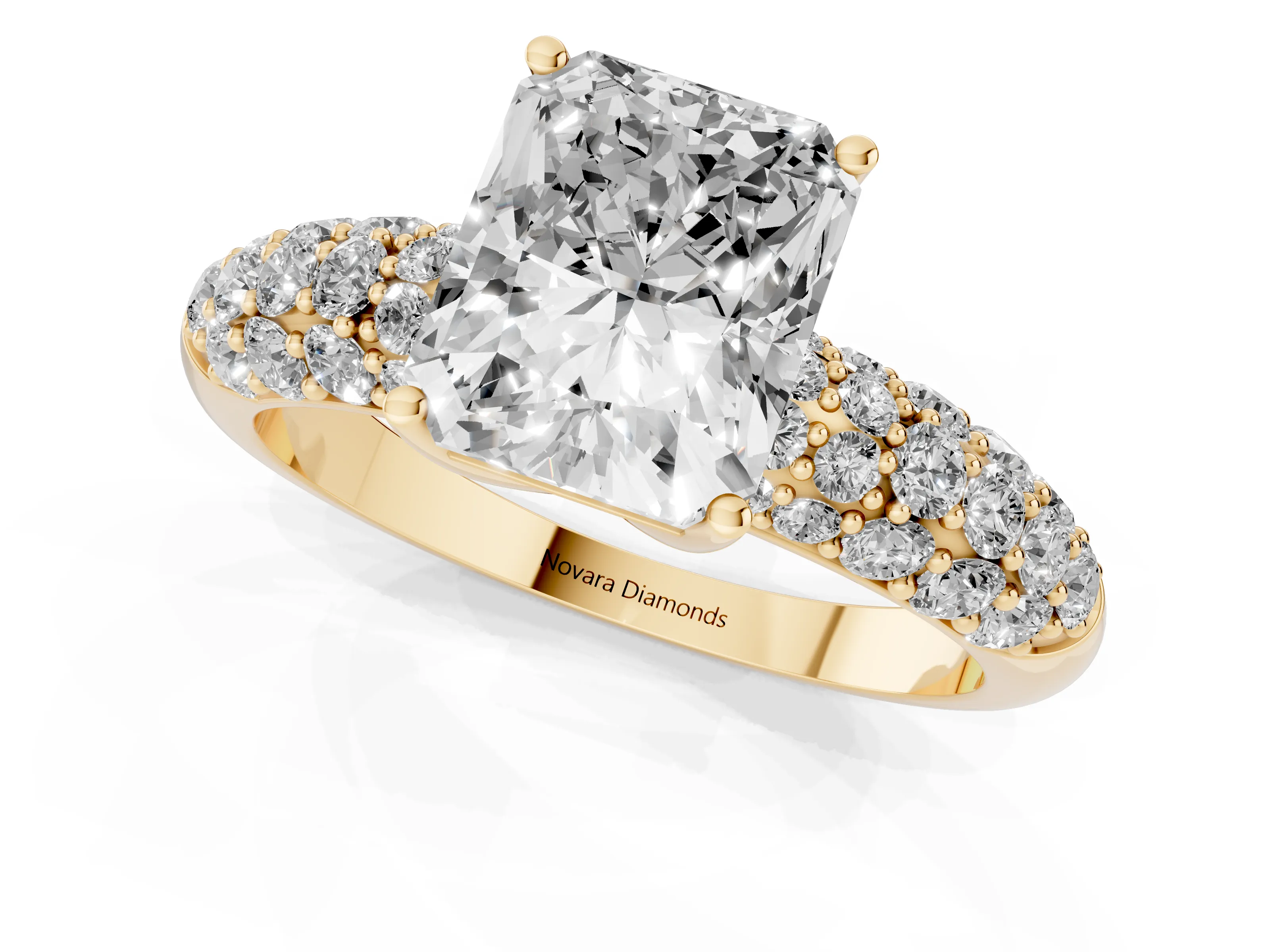 Radiant Cut Diamond Pavé Band Solitaire Ring Set in Yellow gold with Close-Set Accent Stones and Prong Setting