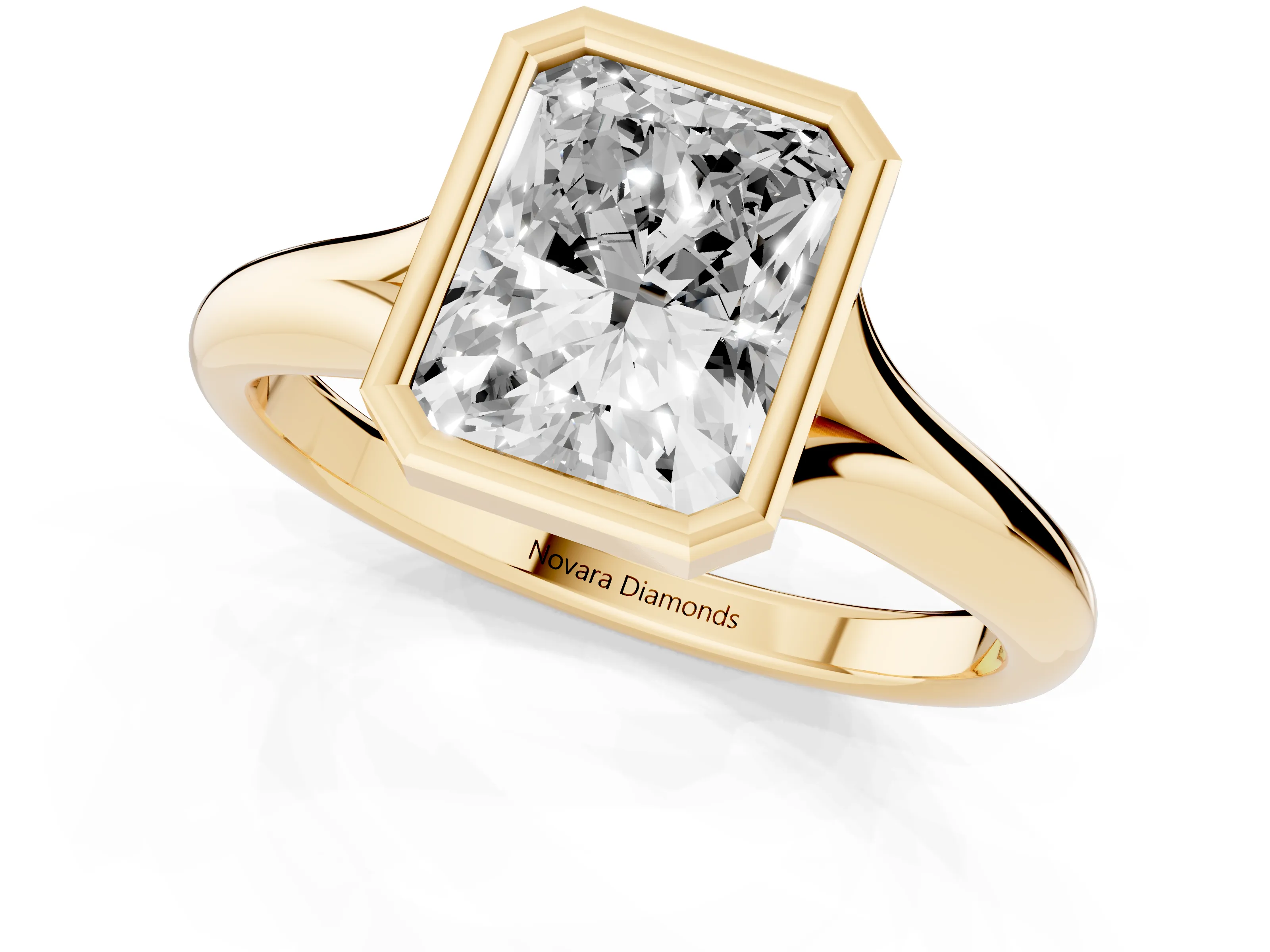 Bezel Set Radiant Cut Diamond Solitaire Ring Set in Yellow gold with Smooth Band
